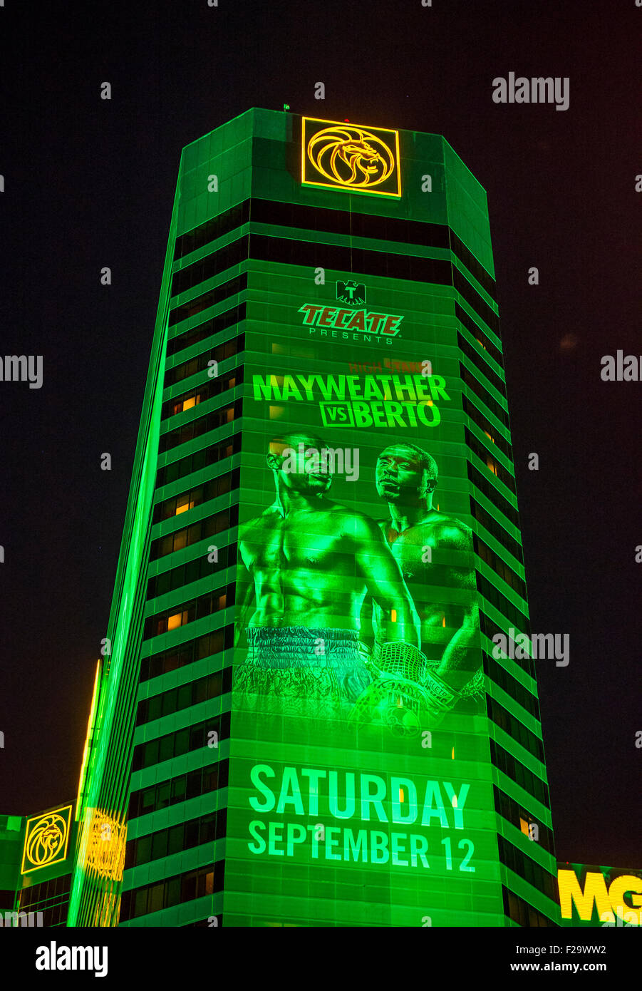 May Weather Sign A sign at the MGM Grand advertises about the Floyd Mayweather and Andre ...