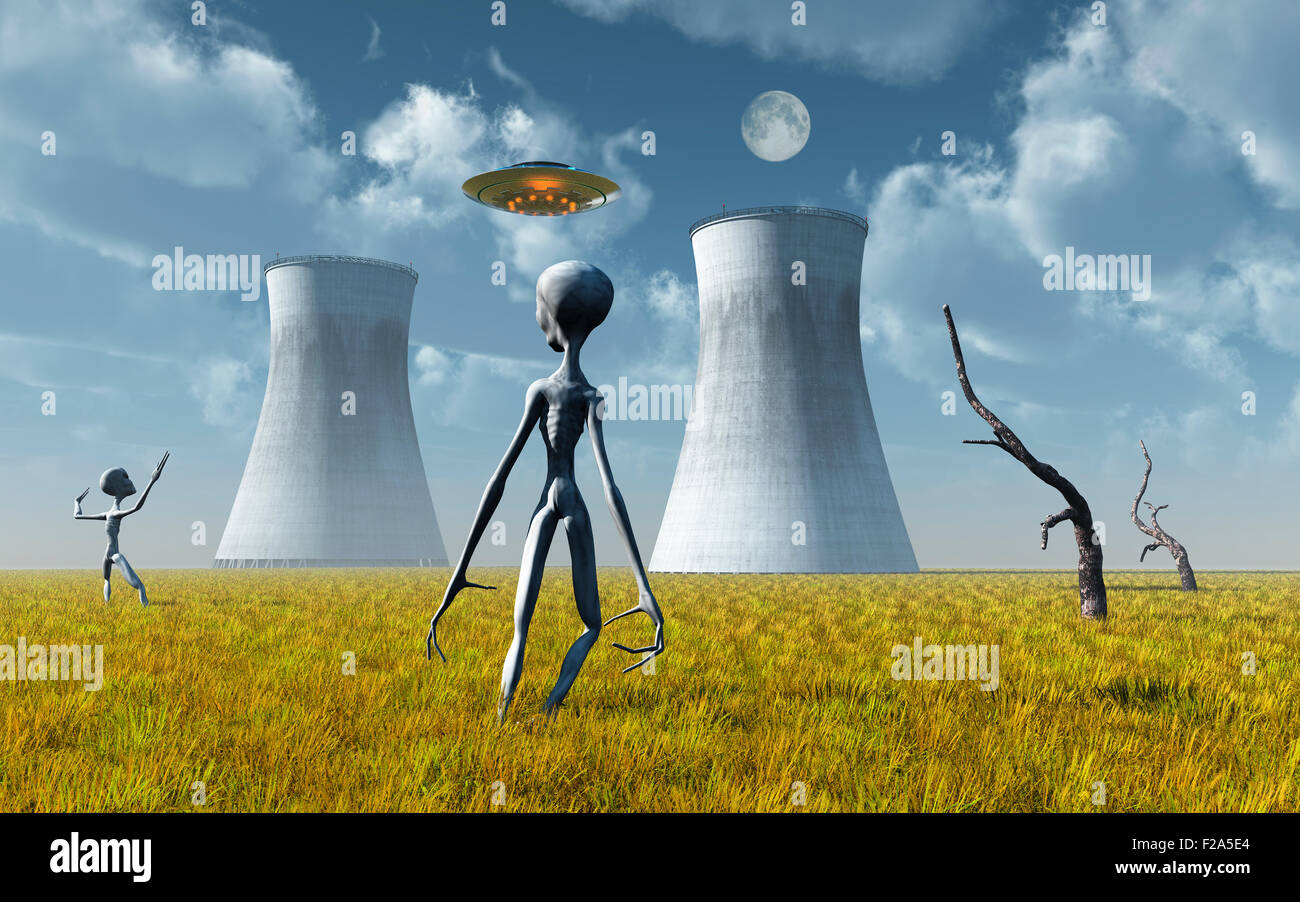 Alien & UFO Activity At A Nuclear Power Station Stock Photo