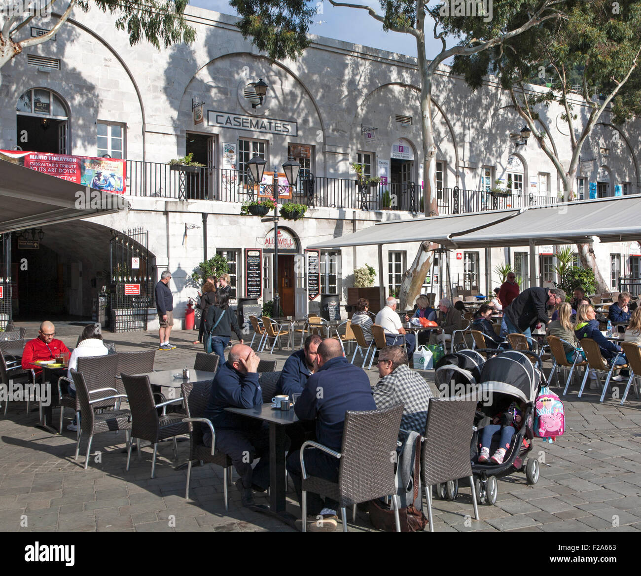People and cafes in Grand Casemates Square, Gibraltar, British terroritory in southern Europe Stock Photo