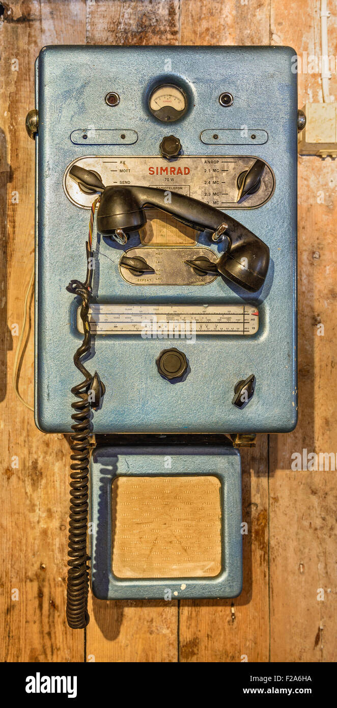 Vintage radio telephone constructed for the fishing flee by the norwegian Simrad company Stock Photo