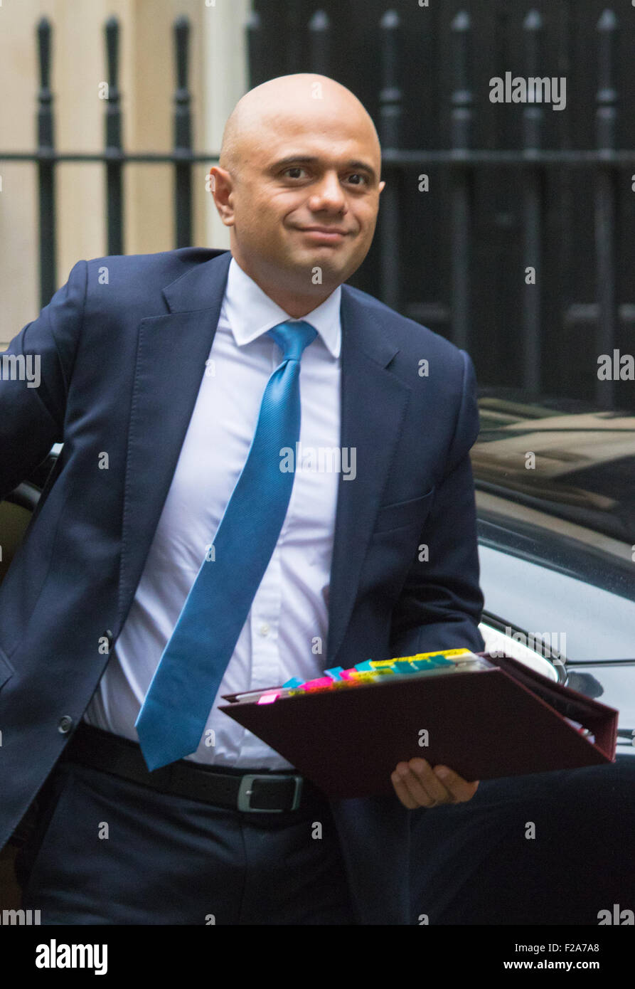 Downing Street, London, UK. 15th September, 2015. Business Secretary Sajid Javid arrives at 10 Downing Street to attend the weekly cabinet meeting © Paul Davey/Alamy Live News Credit:  Paul Davey/Alamy Live News Stock Photo