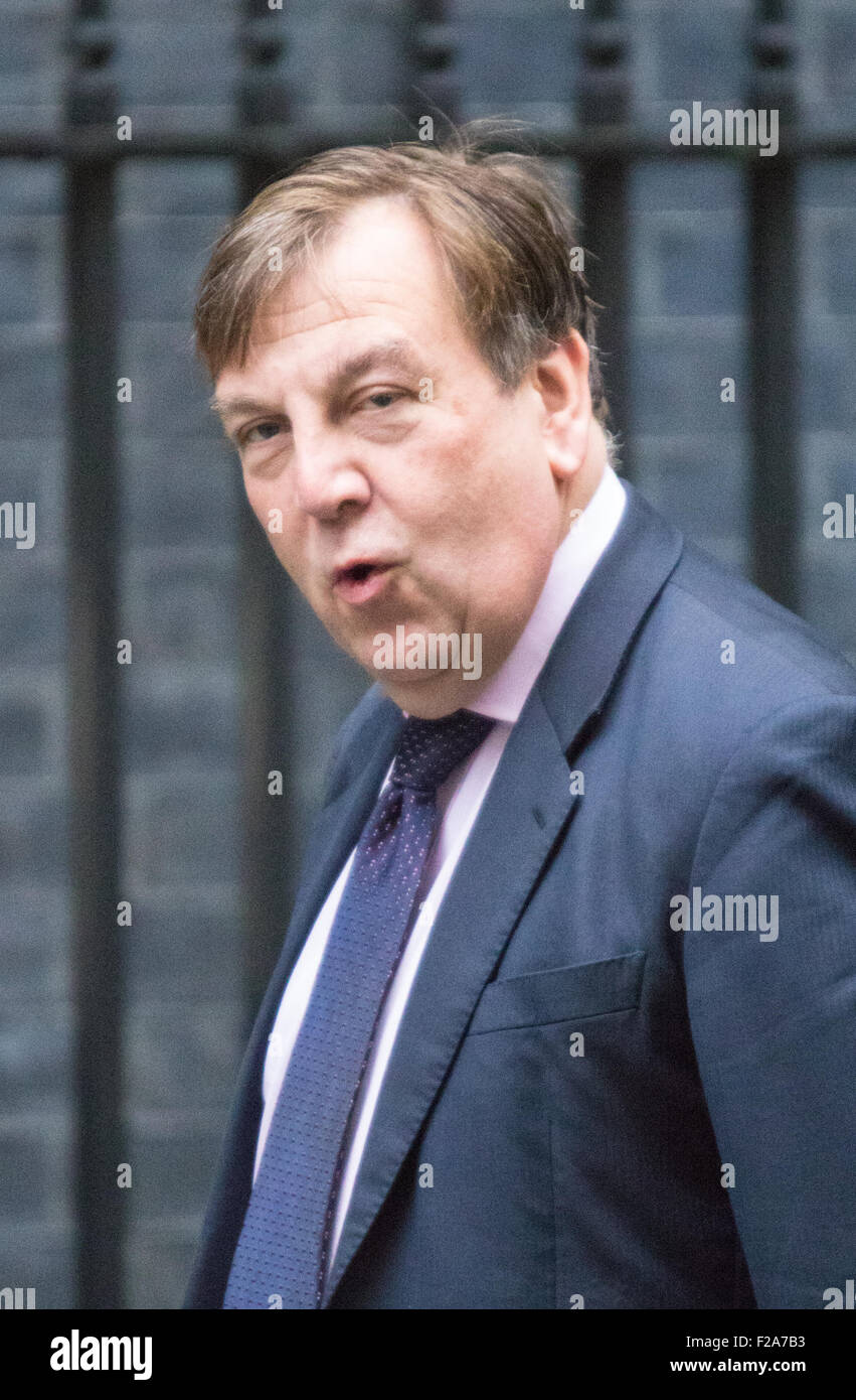 Downing Street, London, UK. 15th September, 2015. John Whittingdale MP, Secretary of State for Culture, Media and Sport arrives at 10 Downing Street to attend the weekly cabinet meeting © Paul Davey/Alamy Live News Credit:  Paul Davey/Alamy Live News Stock Photo