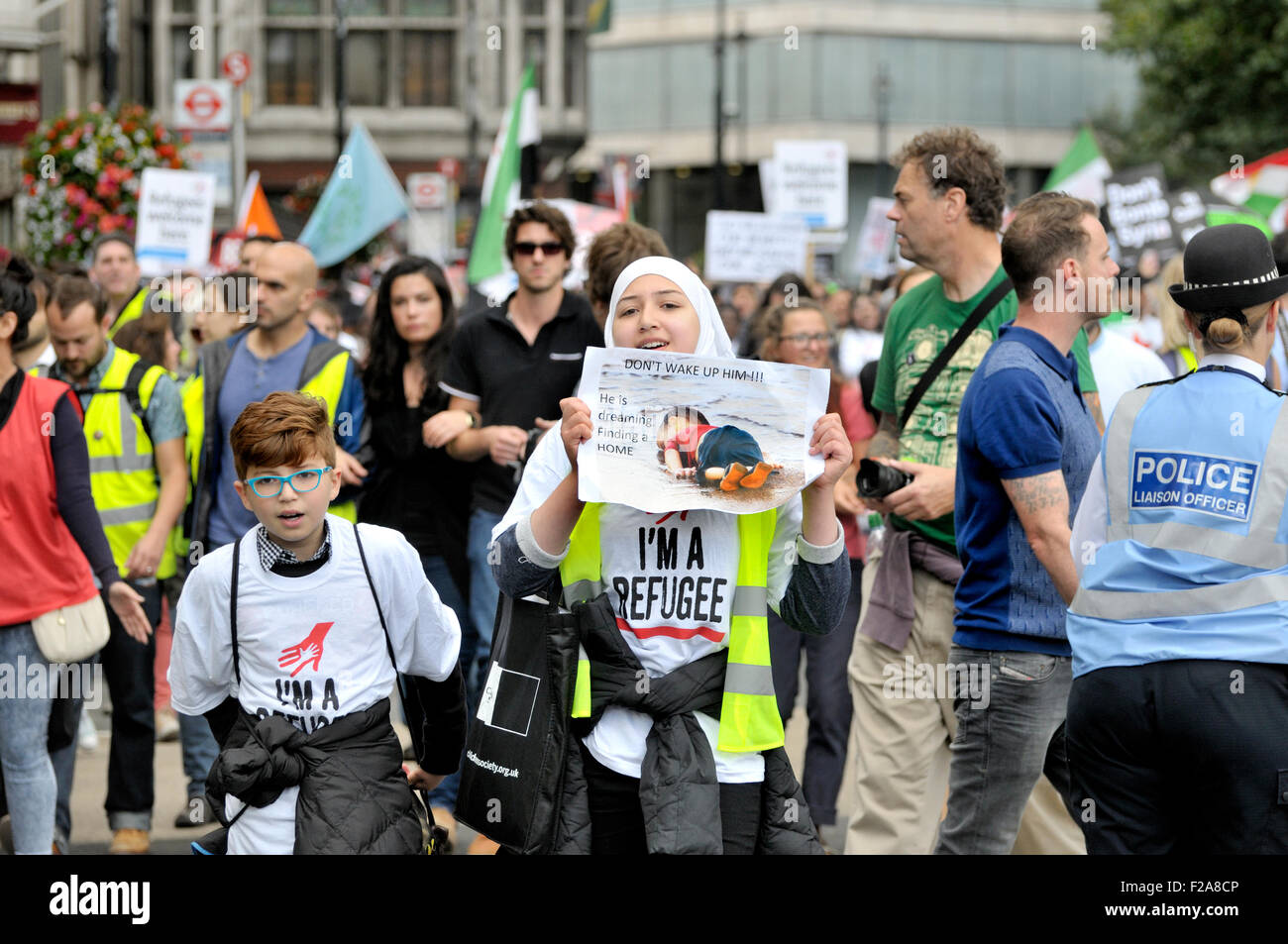 London 12th Sept 2015. 'Refugees Welcome Here' rally, March from Marble Arch to Parliament Square Stock Photo