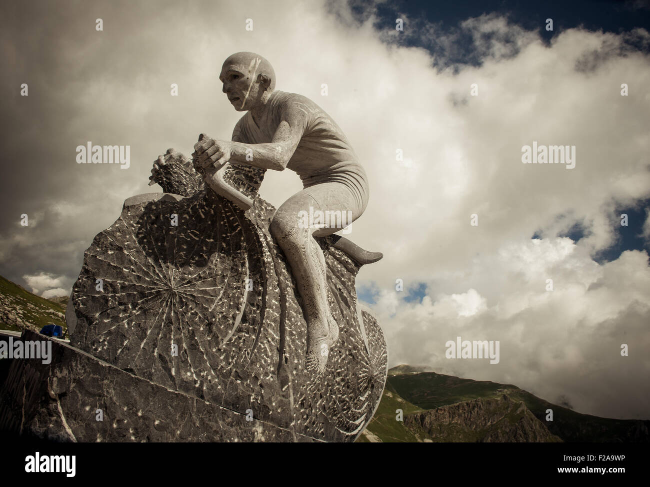 Statue of famous Italian cycle racer Marco Pantani at the top of the Colle Fauniera in the Italian Alps. Stock Photo