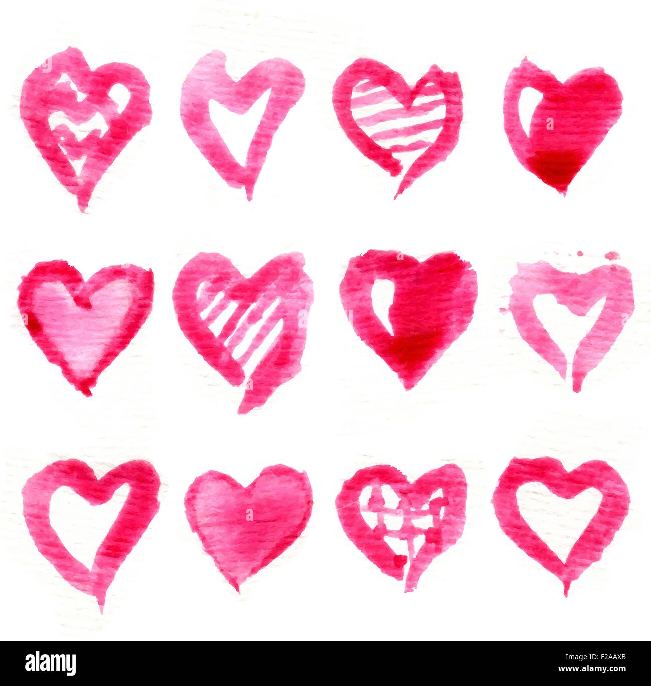 Big set of pink watercolor hearts. Vector illustration. Stock Vector