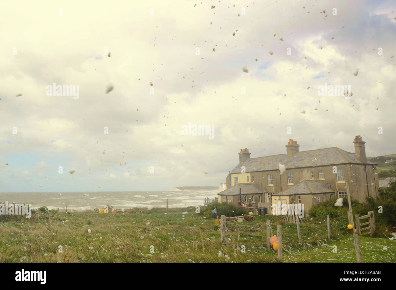 Birling Gap, East Sussex, UK. 15th September, 2015. Gale force wind whips up Sea Foam. Looks like Snow in September Stock Photo