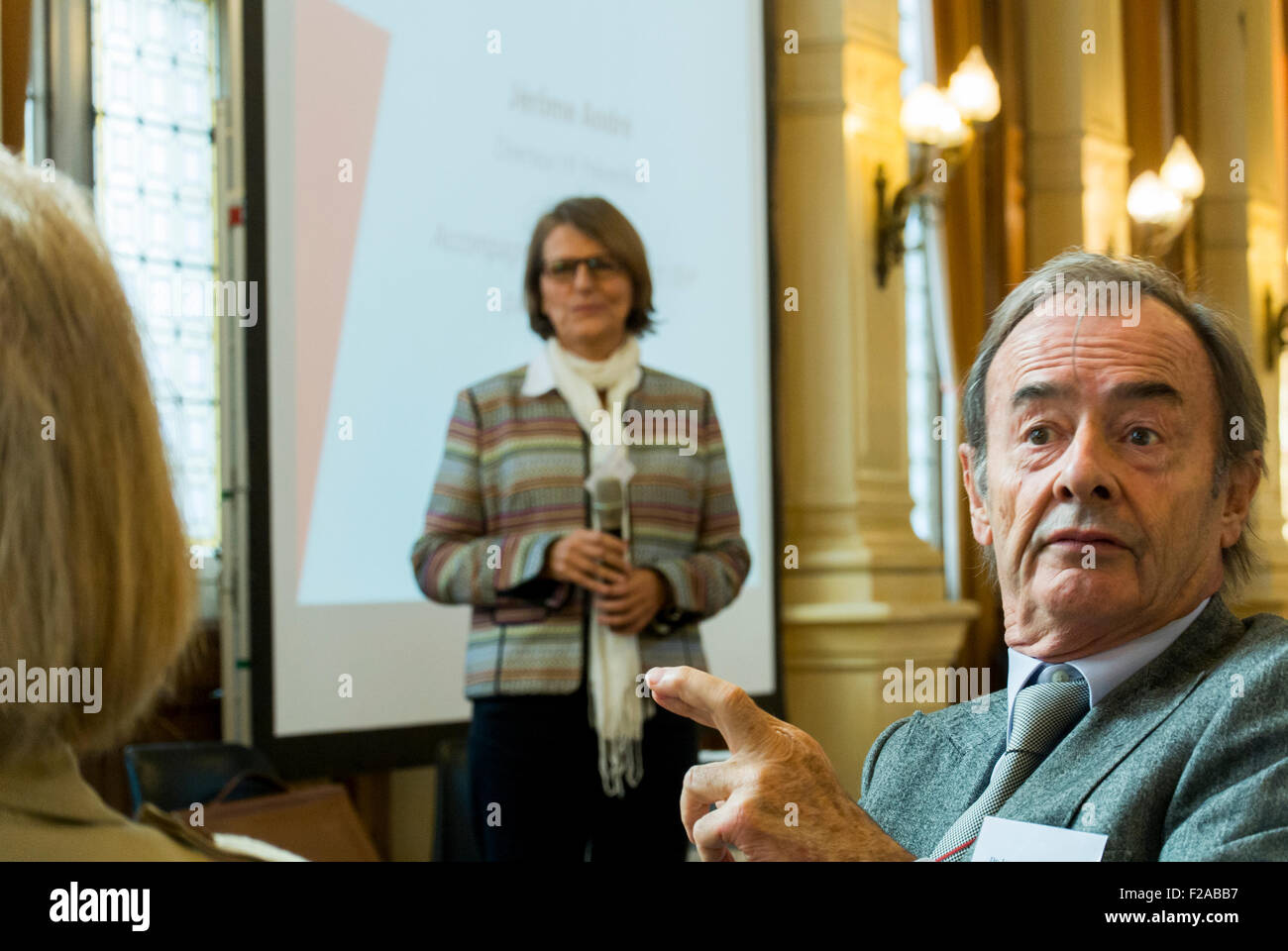 Paris, France. Man in Audience Reacting to WOman's Presentation at Press Conference, HIV Talking  'Medical News' french doctors Stock Photo