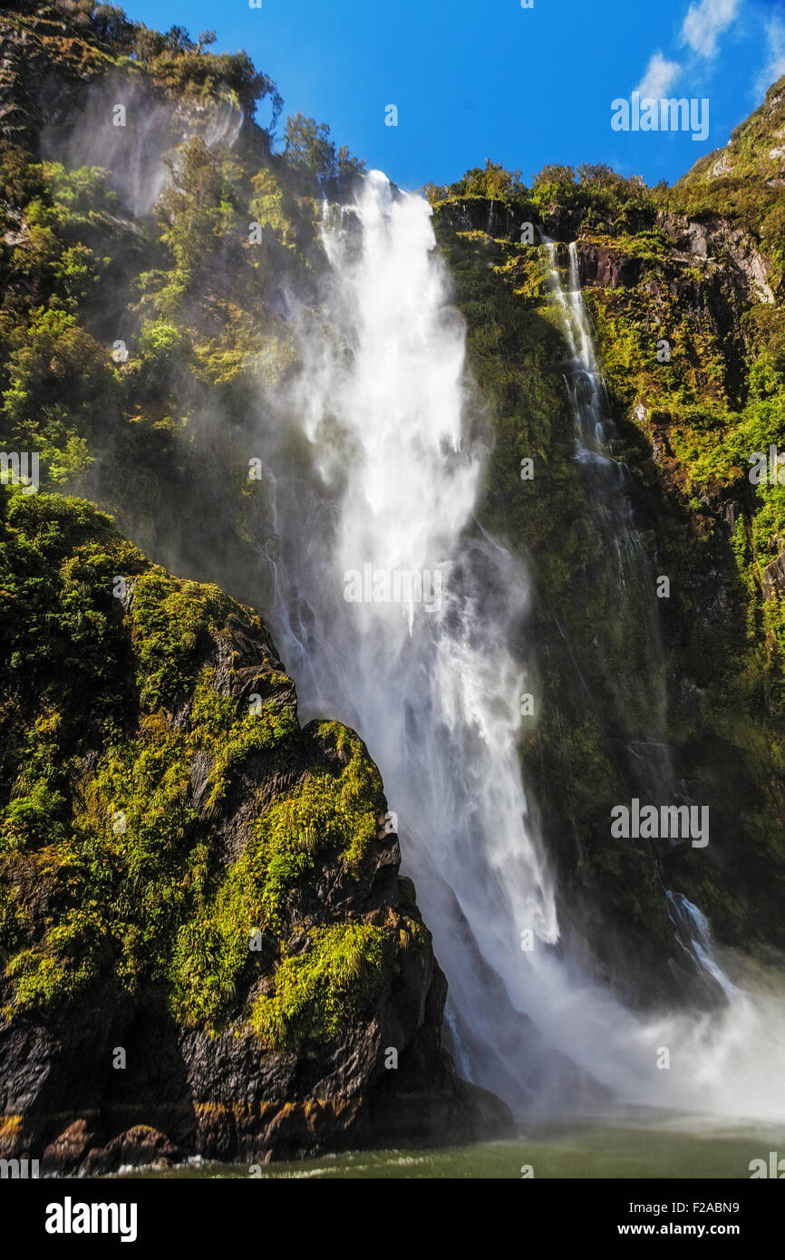 Incredible Stirling Falls , Milford Sound, Fiordland, South Island, New Zealand Stock Photo