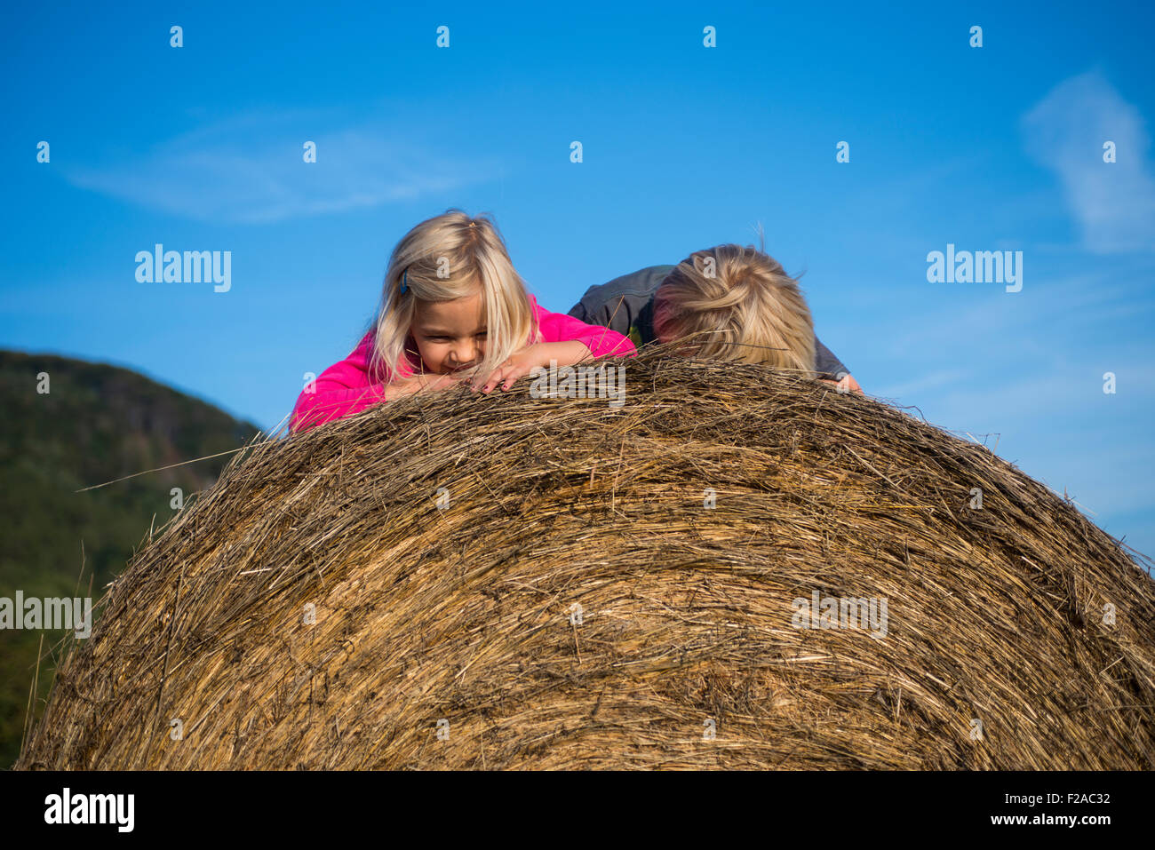 Children blond girl and boy (siblings) resting on hay bale, summer, holiday, relaxing Stock Photo