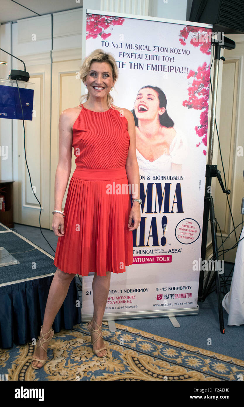 Athens, Greece. 15th Sep, 2015. British actress Sara Poyzer, who plays the  leading role of 'Donna' at the Mamma Mia musical, poses for photographers  during a press conference in Athens, Greece, on