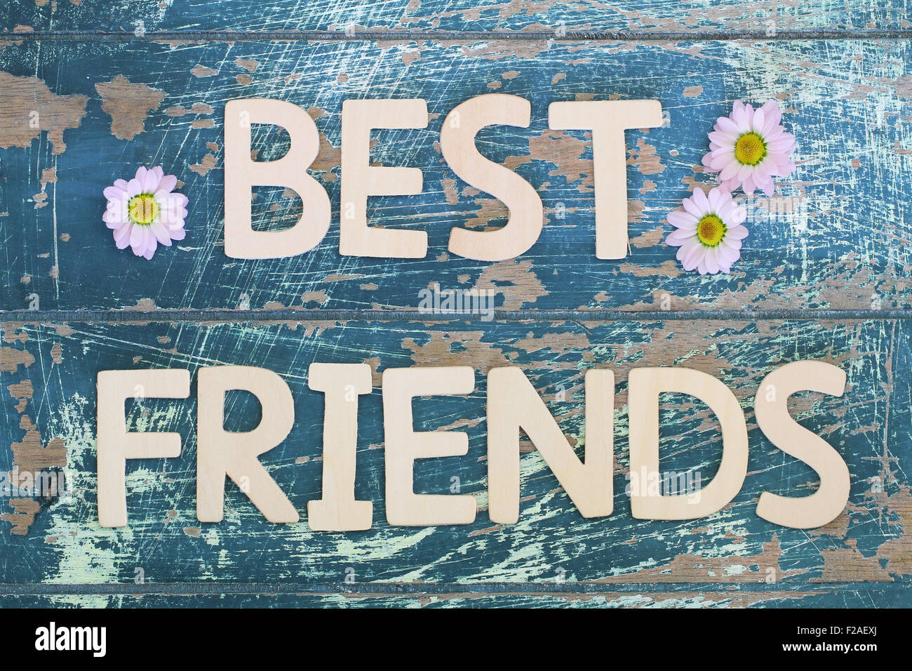 Best friends written on rustic wooden surface Stock Photo