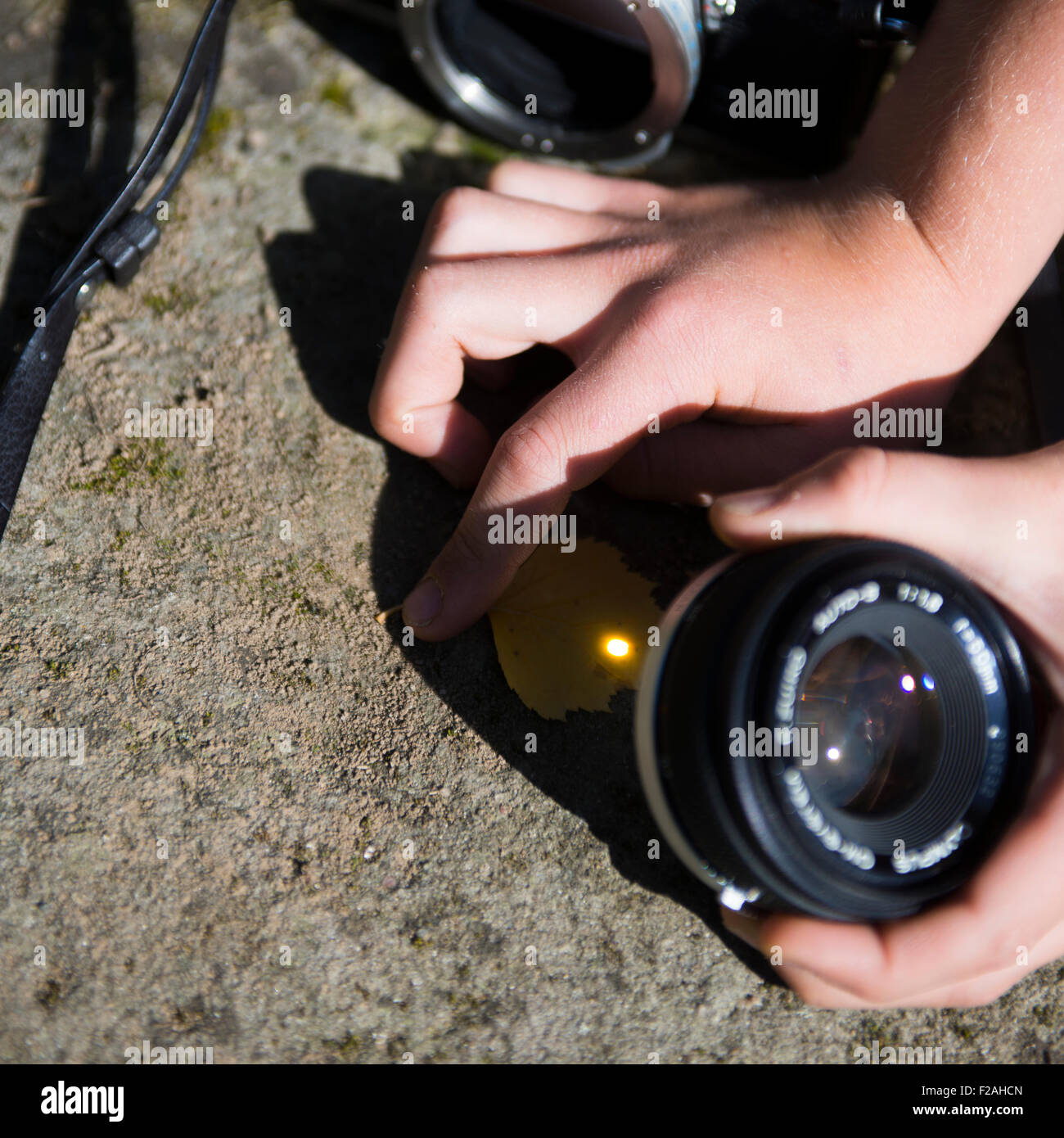 Boy Starting a Fire with a Magnifying Glass Stock Photo Alamy