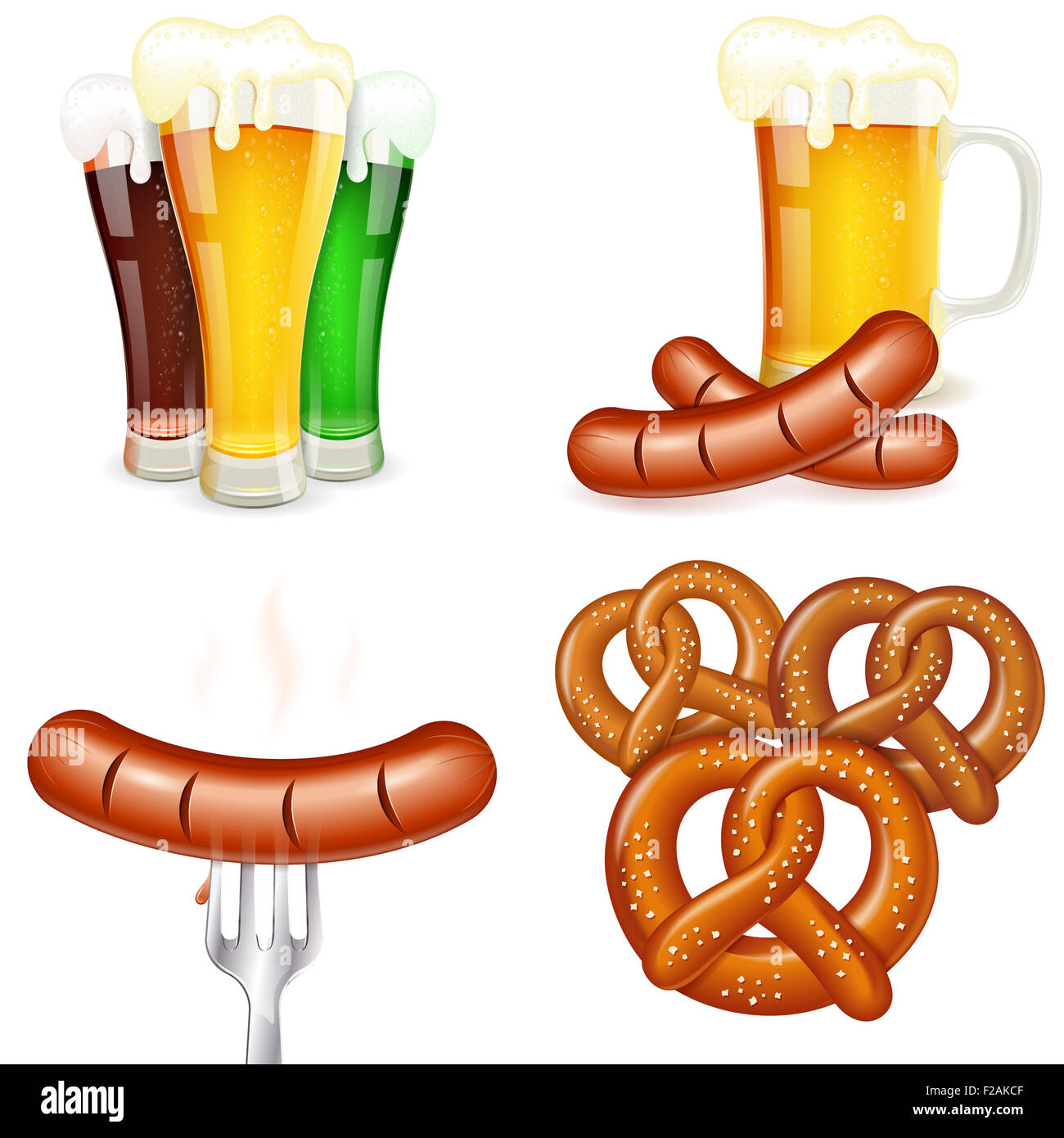 4 Oktoberfest Themes in Realistic 3D style with Glass of Beer, Sausage and Pretzel. Can be used for flyer, poster and printing a Stock Photo