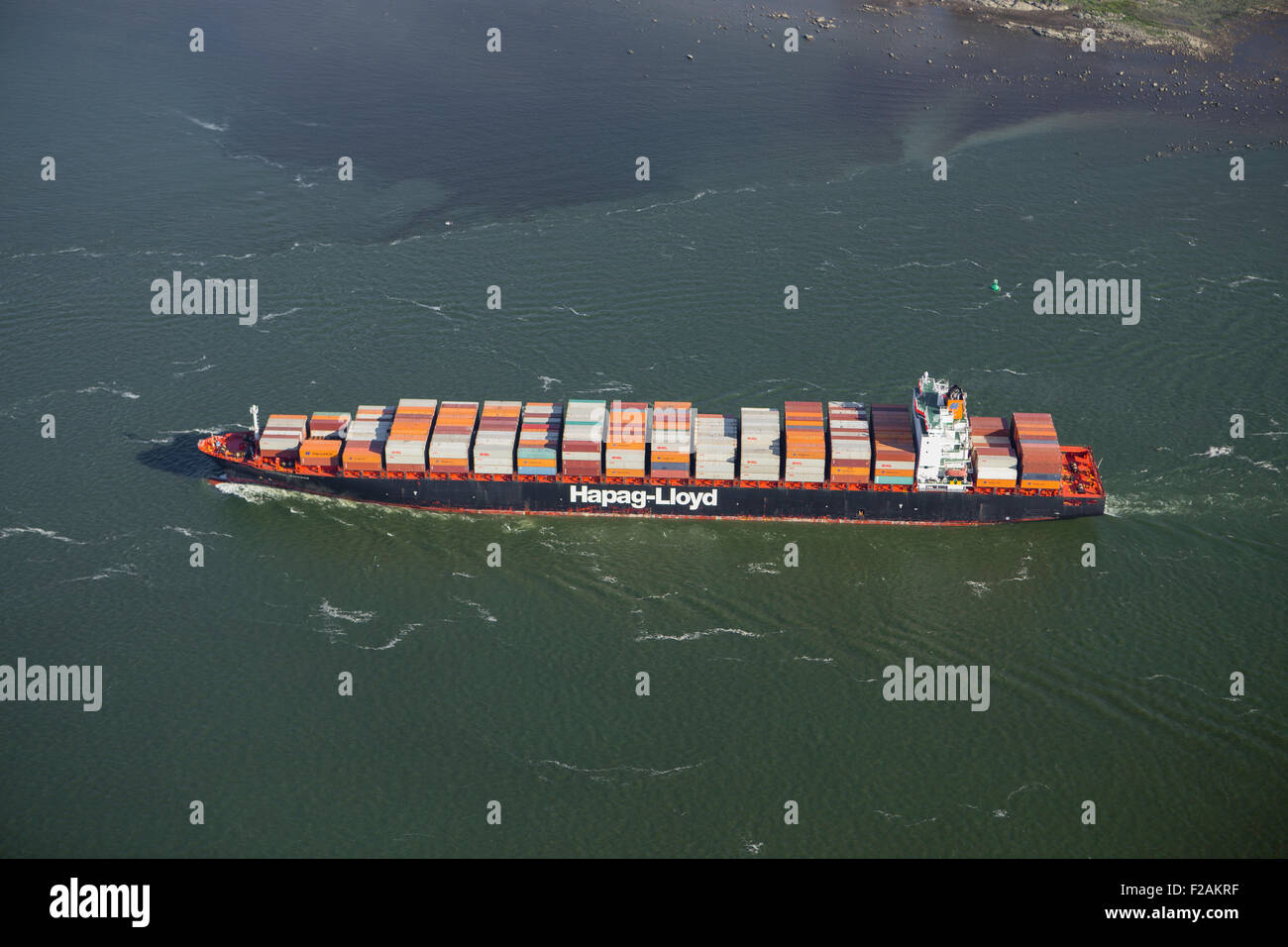 A container ship of the Hapag-Lloyd company is pictured on the St-Lawrence river near Quebec city in this aerial photo Stock Photo