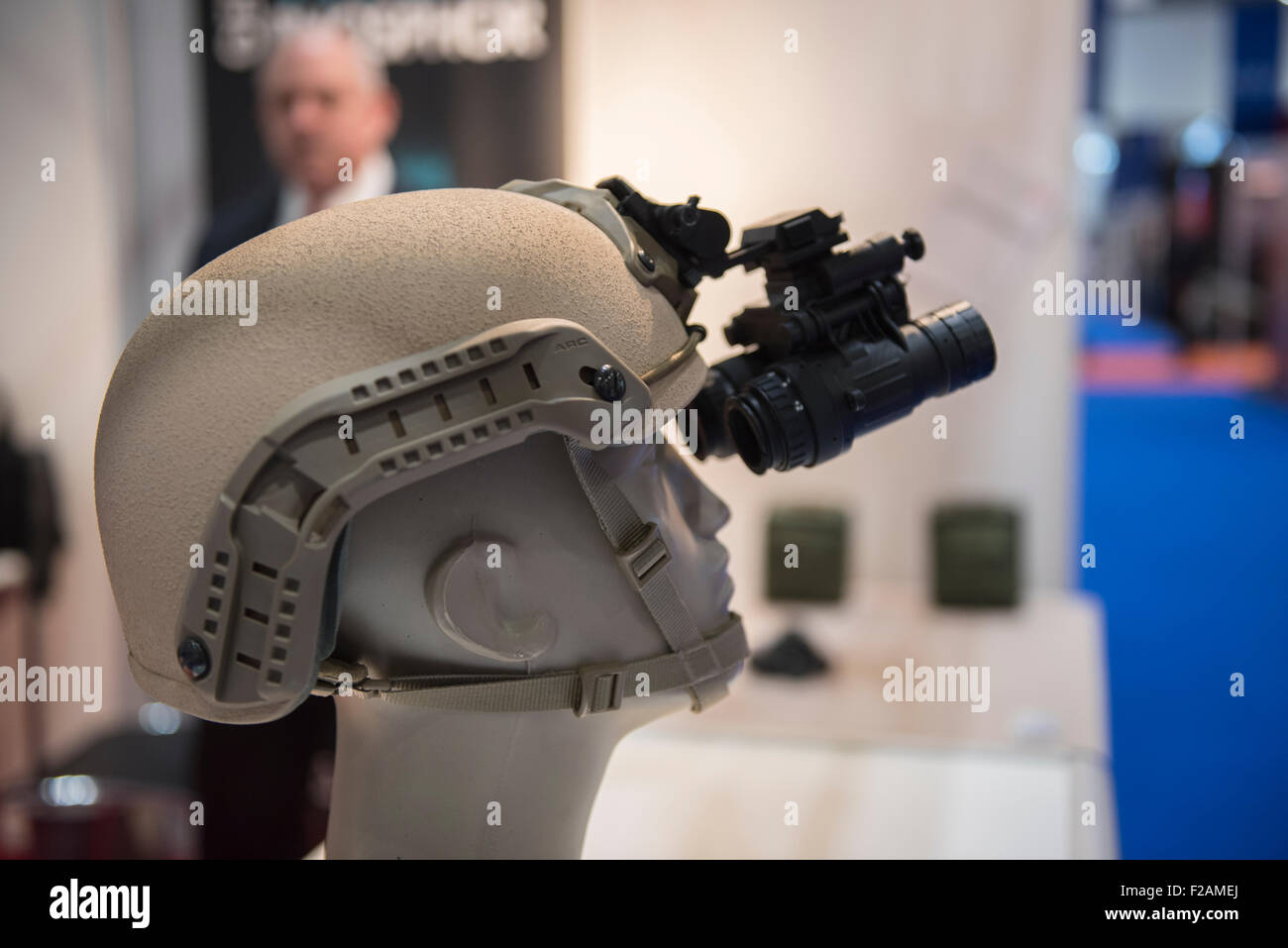 London, UK. 15th September, 2015. A helmet with night vision goggles in display at DSEI, the world’s largest international defence & security exhibition held at London’s ExCel centre. Credit:  Peter Manning/Alamy Live News Stock Photo
