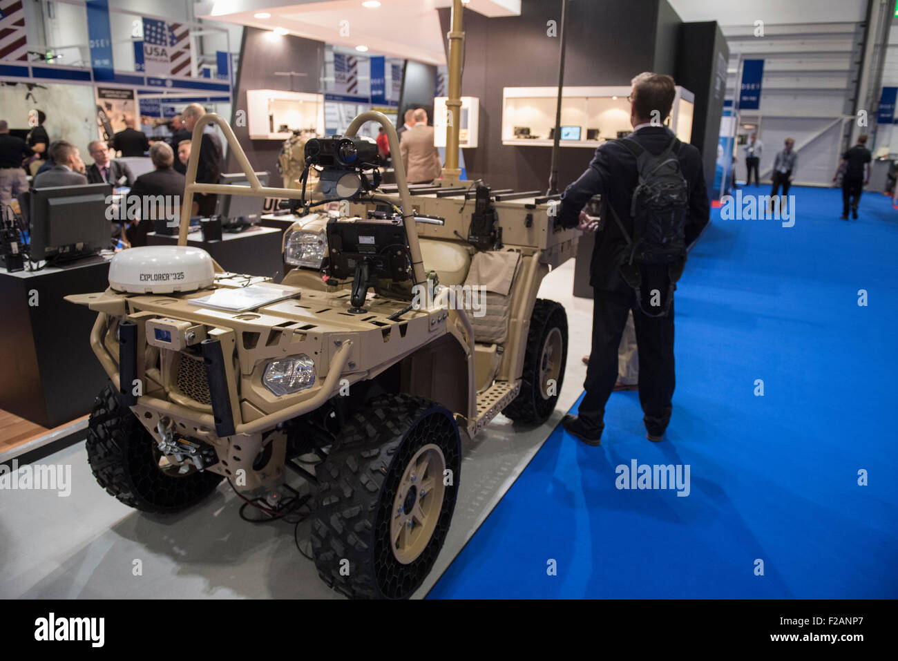 London, UK. 15th September, 2015. A command and control quad bike on display at DSEI, the world’s largest international defence & security exhibition held at London’s ExCel centre. Credit:  Peter Manning/Alamy Live News Stock Photo