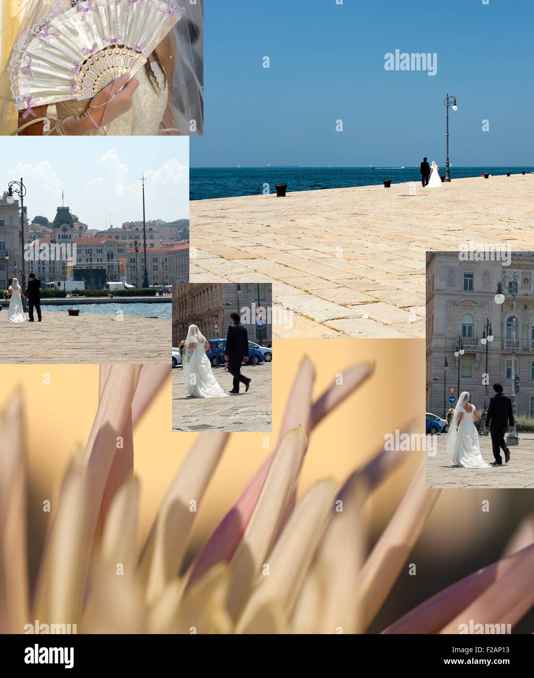 Collage of Spouses that walking on molo Audace in Trieste Stock Photo