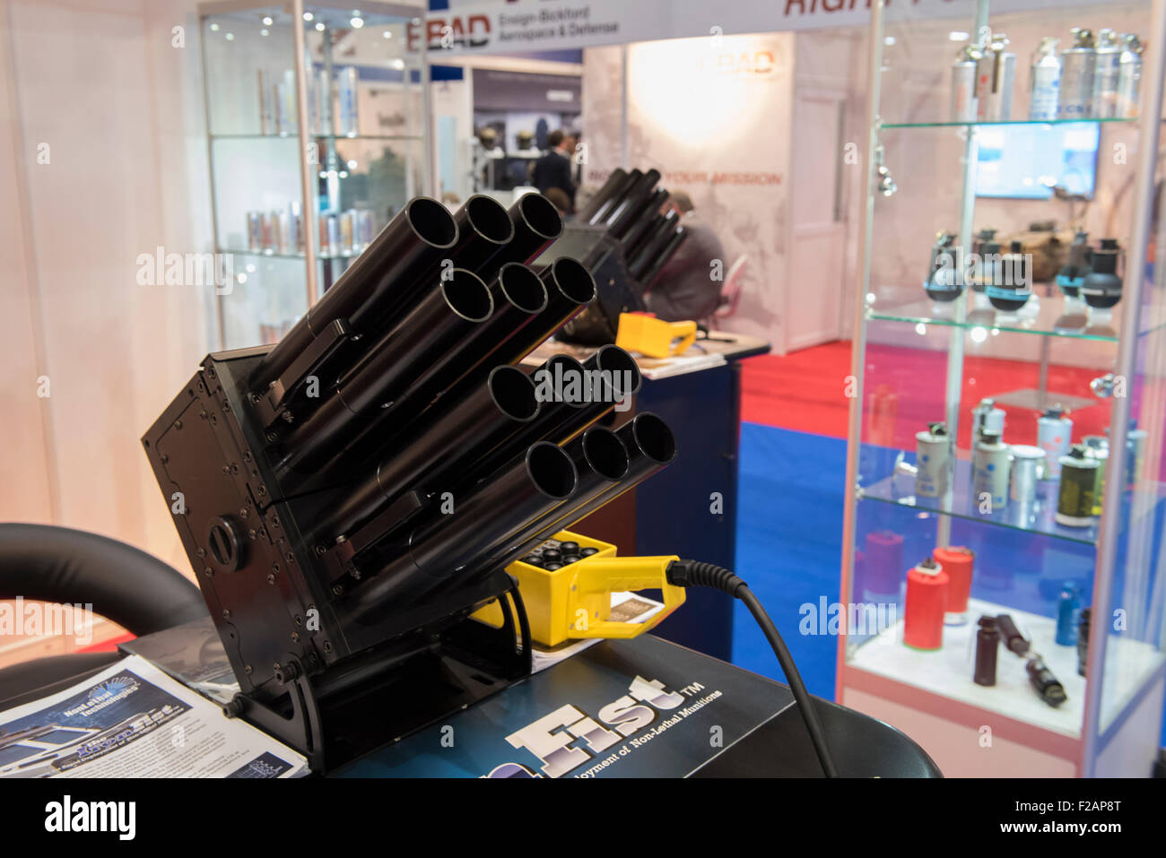London, UK. 15th September, 2015. A tear gas firing unit used in military and civil operations on display at DSEI, the world’s largest international defence & security exhibition held at London’s ExCel centre. Credit:  Peter Manning/Alamy Live News Stock Photo