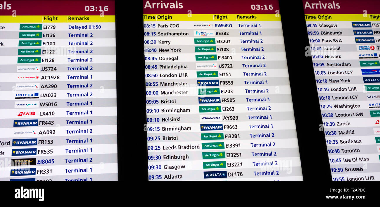 Arrivals display in Dublin Airport. Ireland, Europe Stock Photo - Alamy