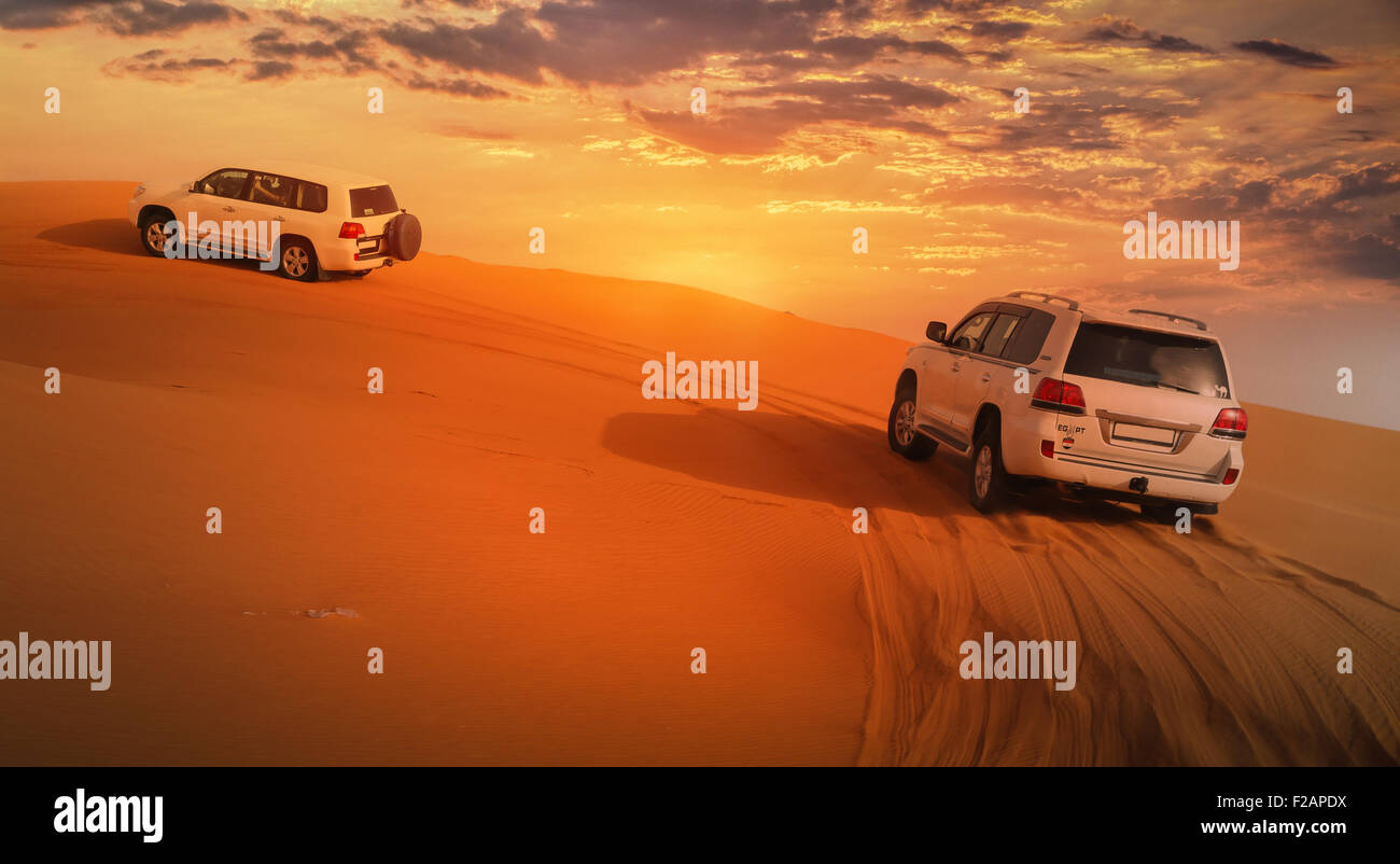 Pink Rock Desert, Sharjah, UAE,Driving on jeeps on the desert Stock Photo