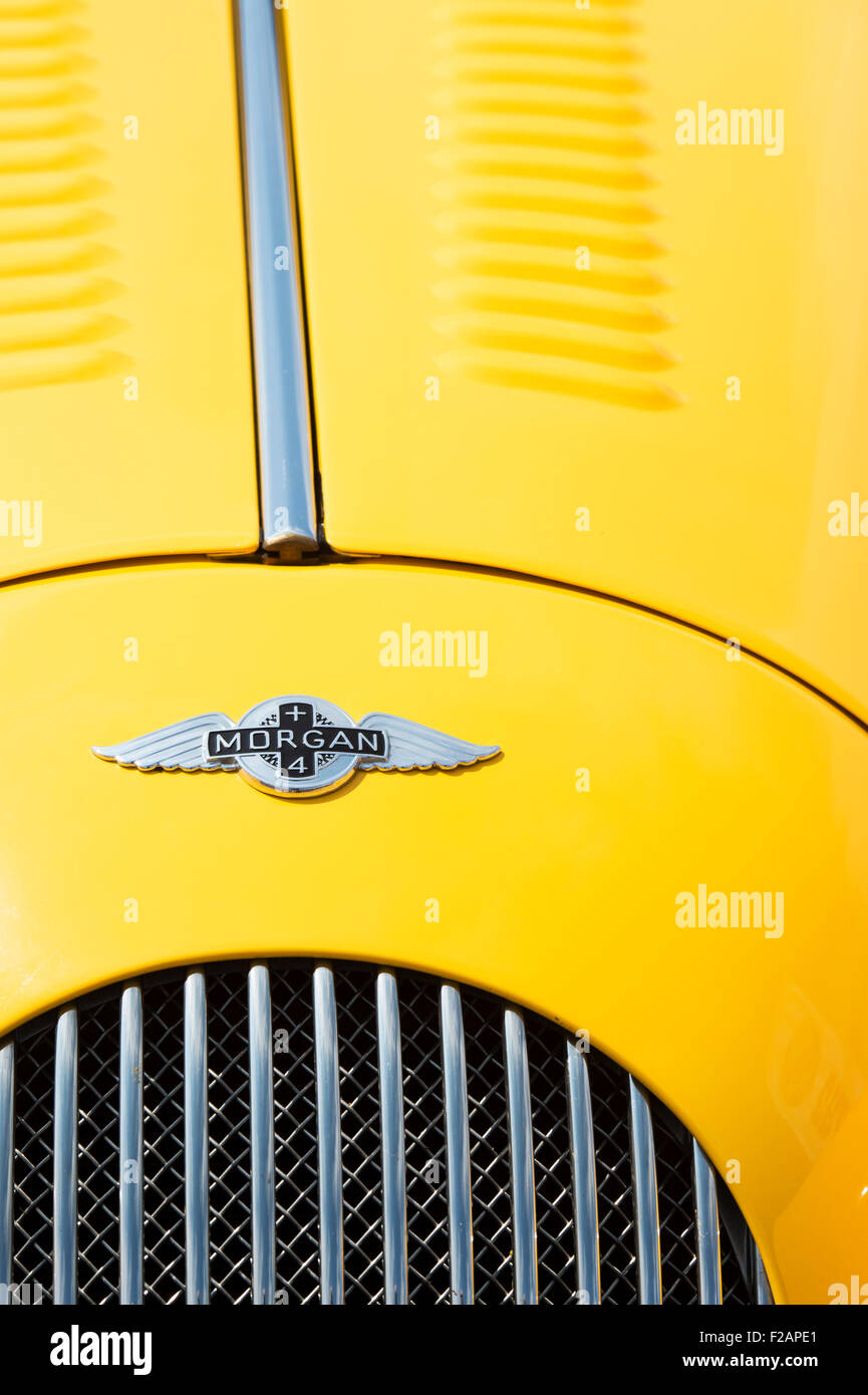 Yellow Morgan 4/4 classic british car bonnet Stock Photo