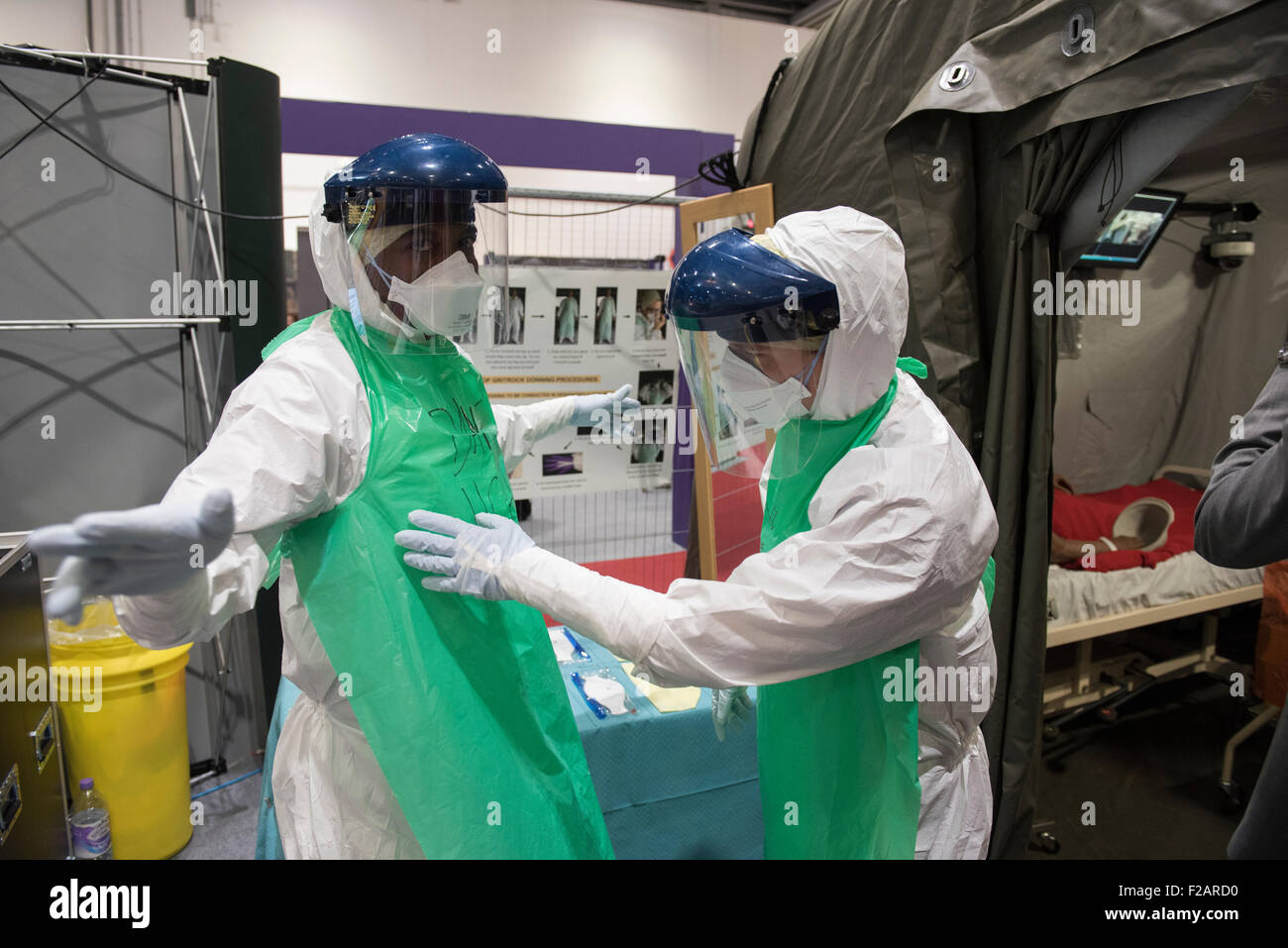 London, UK. 15th September, 2015. UK defence staff display Ebola screening procedures at DSEI, the world’s largest international defence & security exhibition held at London’s ExCel centre. Credit:  Peter Manning/Alamy Live News Stock Photo