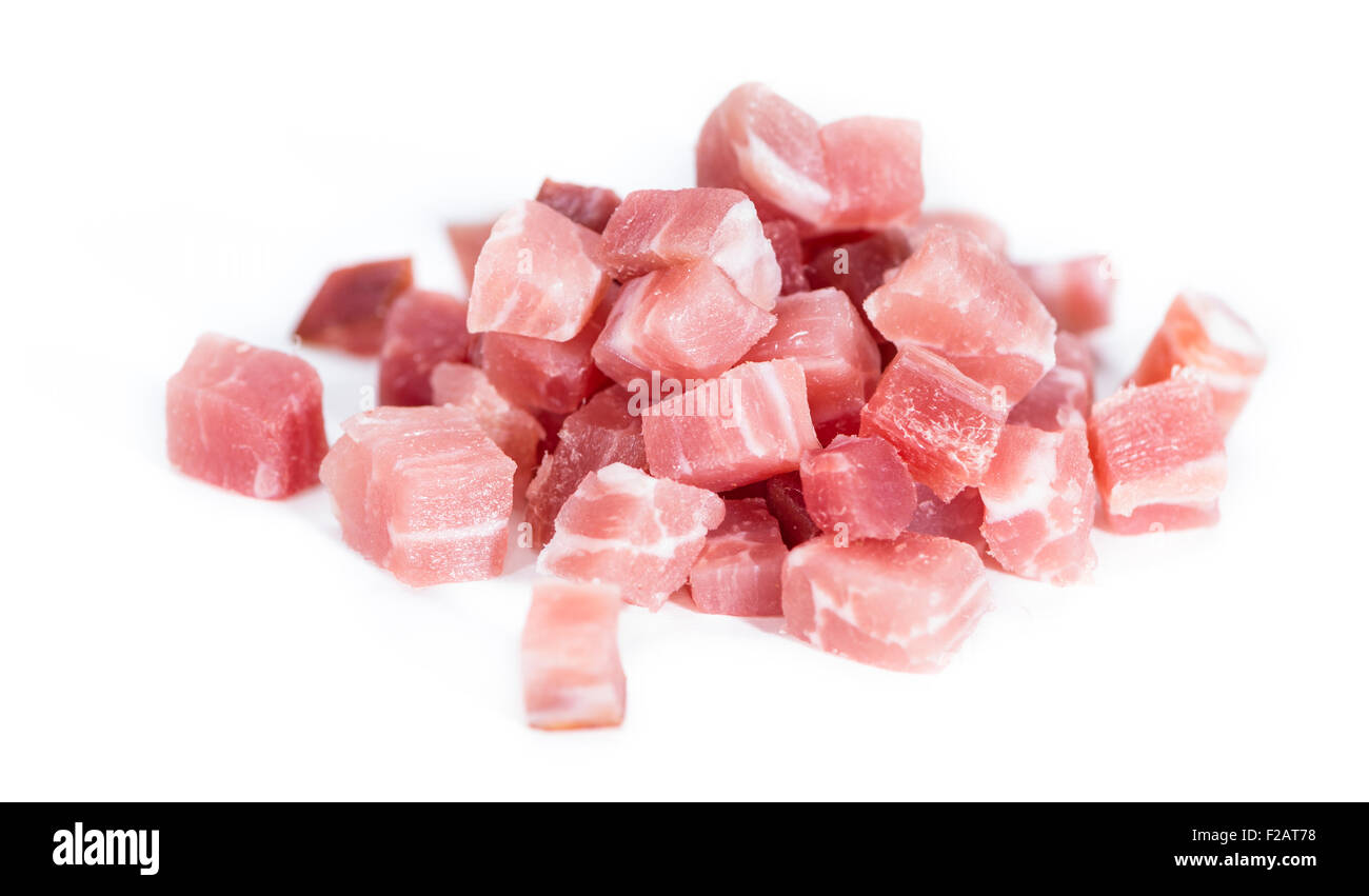 Portion of fresh diced Ham isolated on pure white background Stock