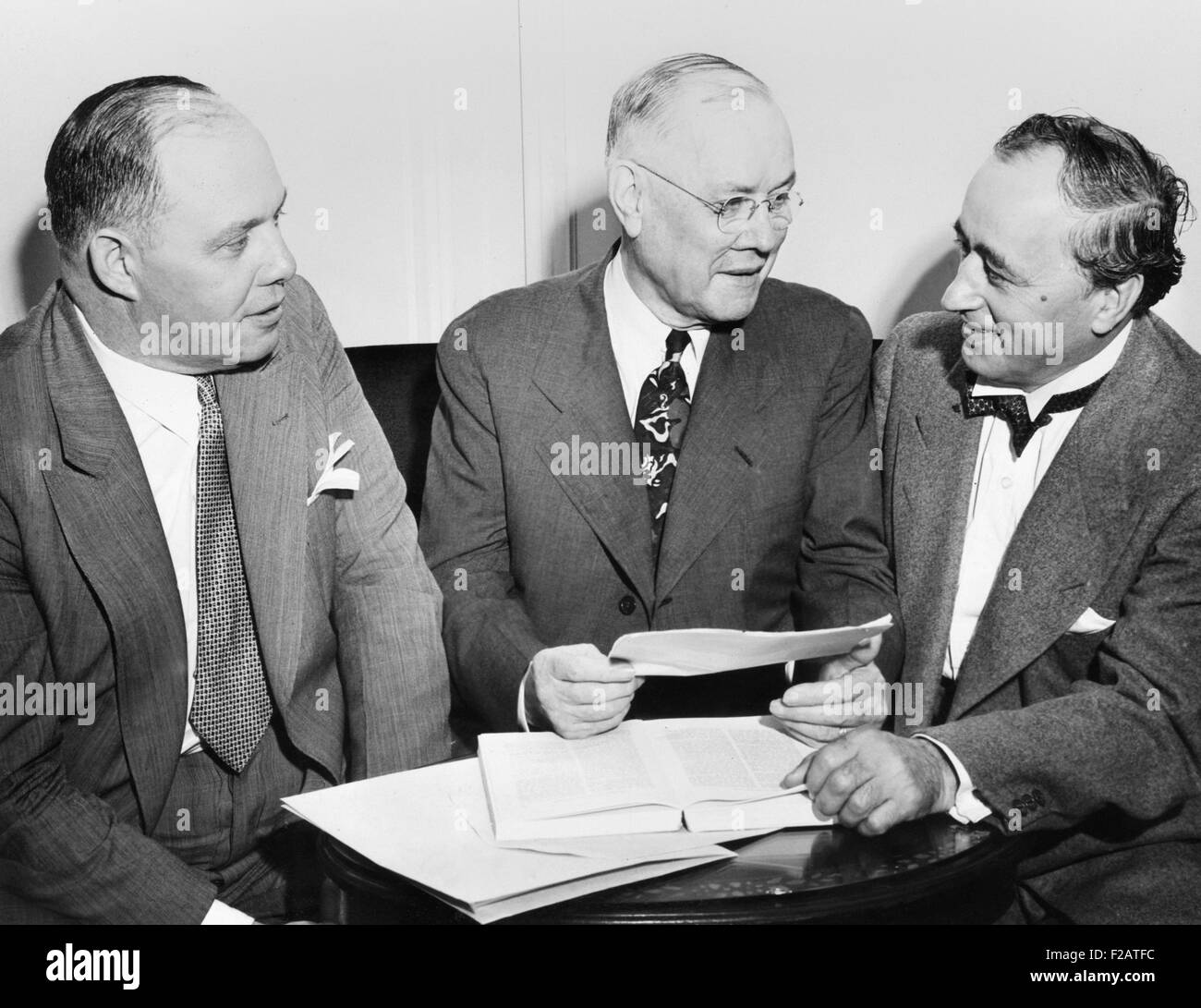 American Federation of Labor's Executive Council, August 9, 1943. L-R: George Meany, William Green, and Matthew Woll. Looking toward the Postwar labor issues, they were concerned about restoration of jobs and seniority to returning servicemen. (CSU 2015 11 1658) Stock Photo