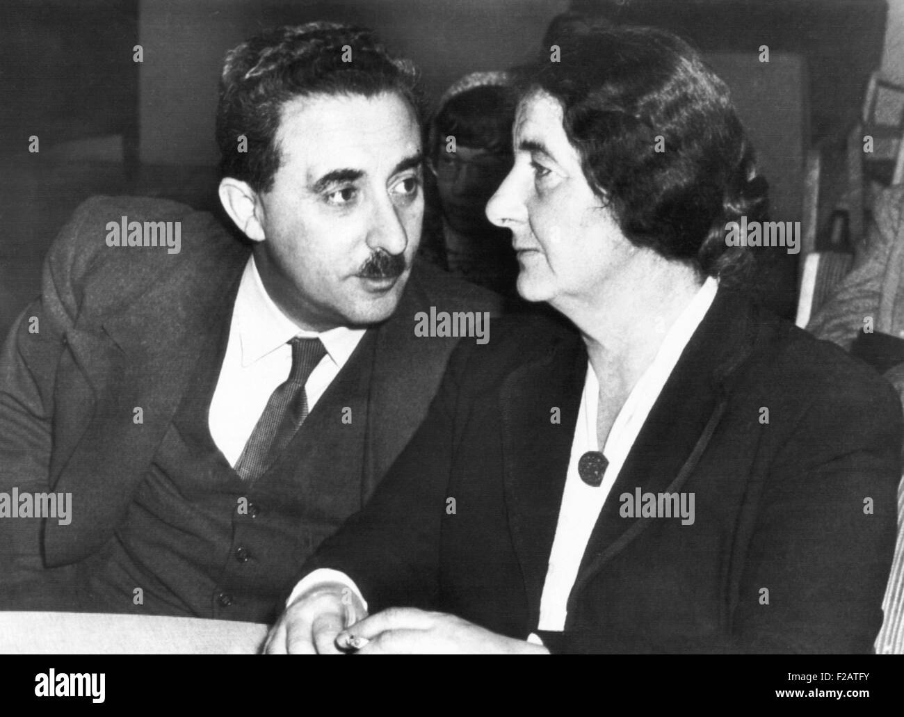 Golda Meyerson (Meir) with Moshe Sharett at the United Nations in New York in 1948. Sharett was Israel's first Minister of Foreign Affairs. (CSU 2015 11 1645) Stock Photo