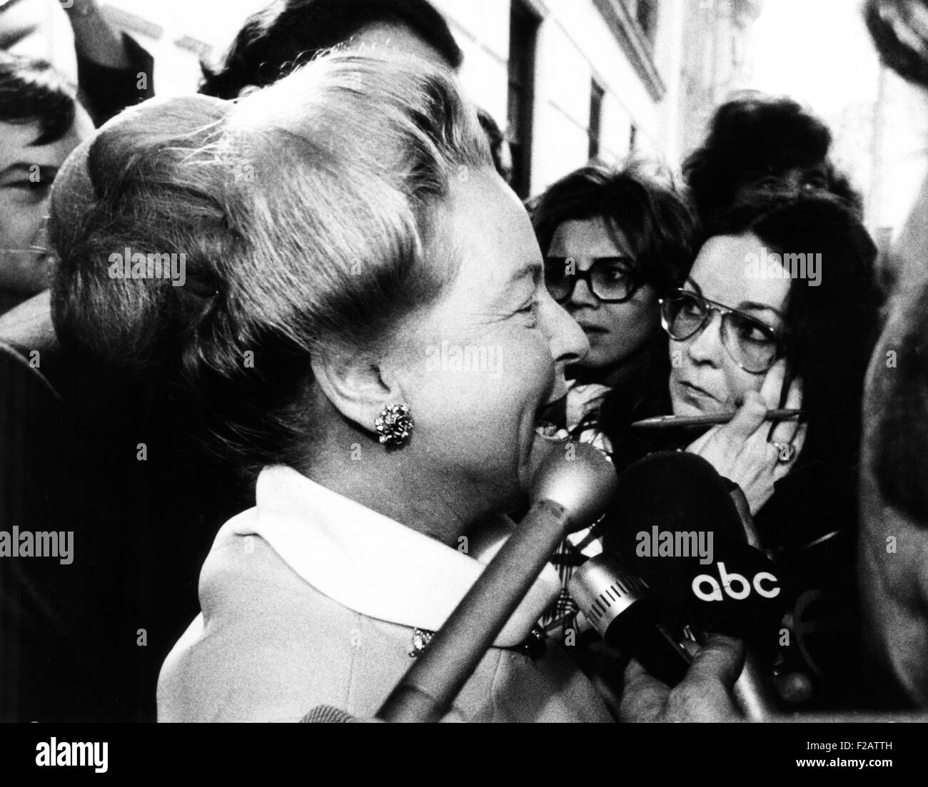Martha Mitchell talks to the press outside her New York apartment on May 3, 1973. She said her husband, former Atty. Gen. John Mitchell, assured her that he was not involved in wrongdoing in the Watergate case. She indiscreetly added, 'I trust and pray to God that he was not.' Mitchell was indicted and convicted for Watergate cover-up. (CSU 2015 11 1607) Stock Photo