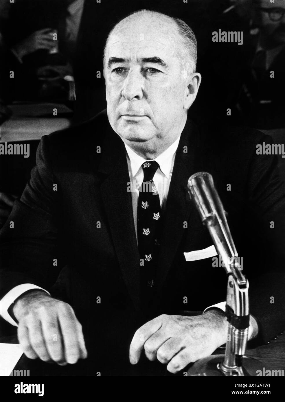 John Mitchell before Senate Judiciary Committee on March 14, 1972. The former Attorney General was questioned about the ITT anti-trust case. They were investigating an allegation that ITT's pledge of $400,000 to the Republican National Convention influenced a favorable settlement on three suits. (CSU 2015 11 1596) Stock Photo