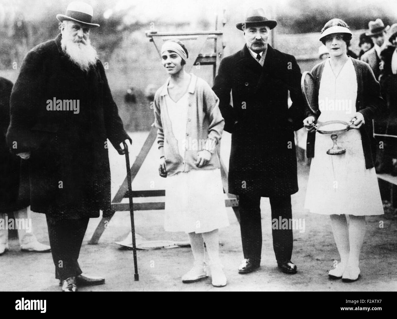 Helen Wills won the Riviera Cup for her Ladies Singles victory at the Gallia Club, Cannes. Feb. 15, 1926. L-R: Monsieur A. Capron, the Mayor of Cannes; Mlle. Helene Contostaylos; Baron Meyronney de St. Mare; and Miss Helen Wills. (CSU 2015 11 1568) Stock Photo