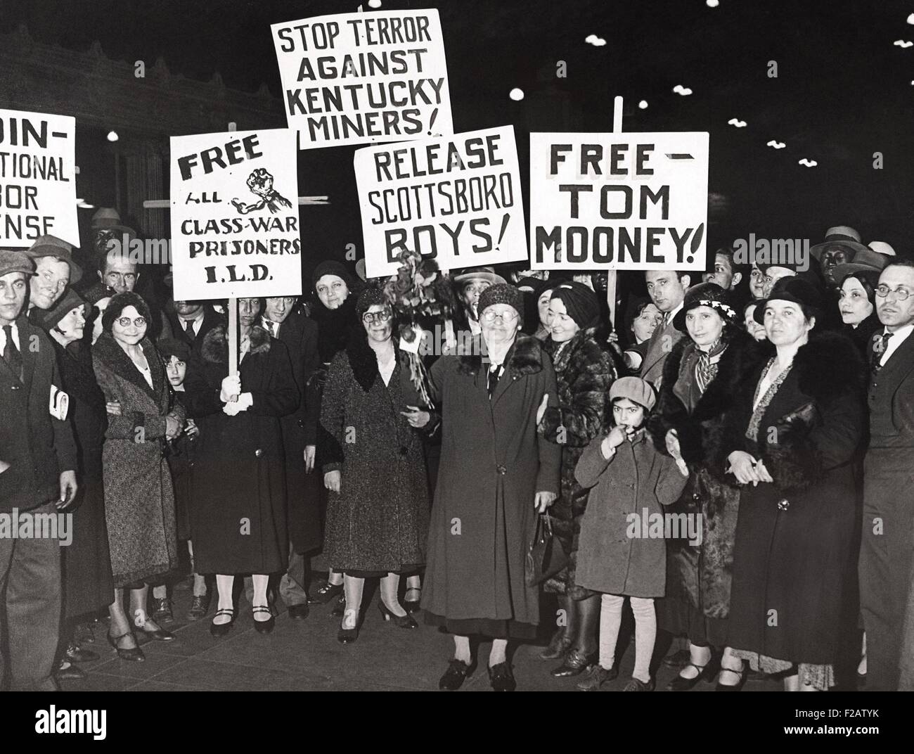 Members of the International Labor Defense greet Mrs. Mary Mooney (center). March 4, 1932. The mother of Thomas Mooney, campaigned against her son's corrupt 1916 trial. The group has other causes, including the Scottsboro Boys and 'Class-War prisoners.' (CSU 2015 11 1535) Stock Photo