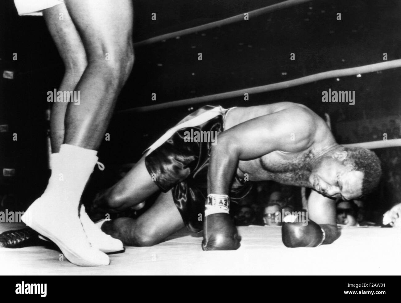 Archie Moore on the canvas in the fourth round of his fight with 20 year old Cassius Clay. Nov. 15, 1962. It was one of three knockdowns that spelled the 48 year old Moore's defeat and Clay's 16th consecutive professional victory. Clay (a.k.a. Muhammed Ali) predicted he would stop Moore in four rounds, and he knocked Moore down three times in the fourth round. (CSU 2015 11 1528) Stock Photo
