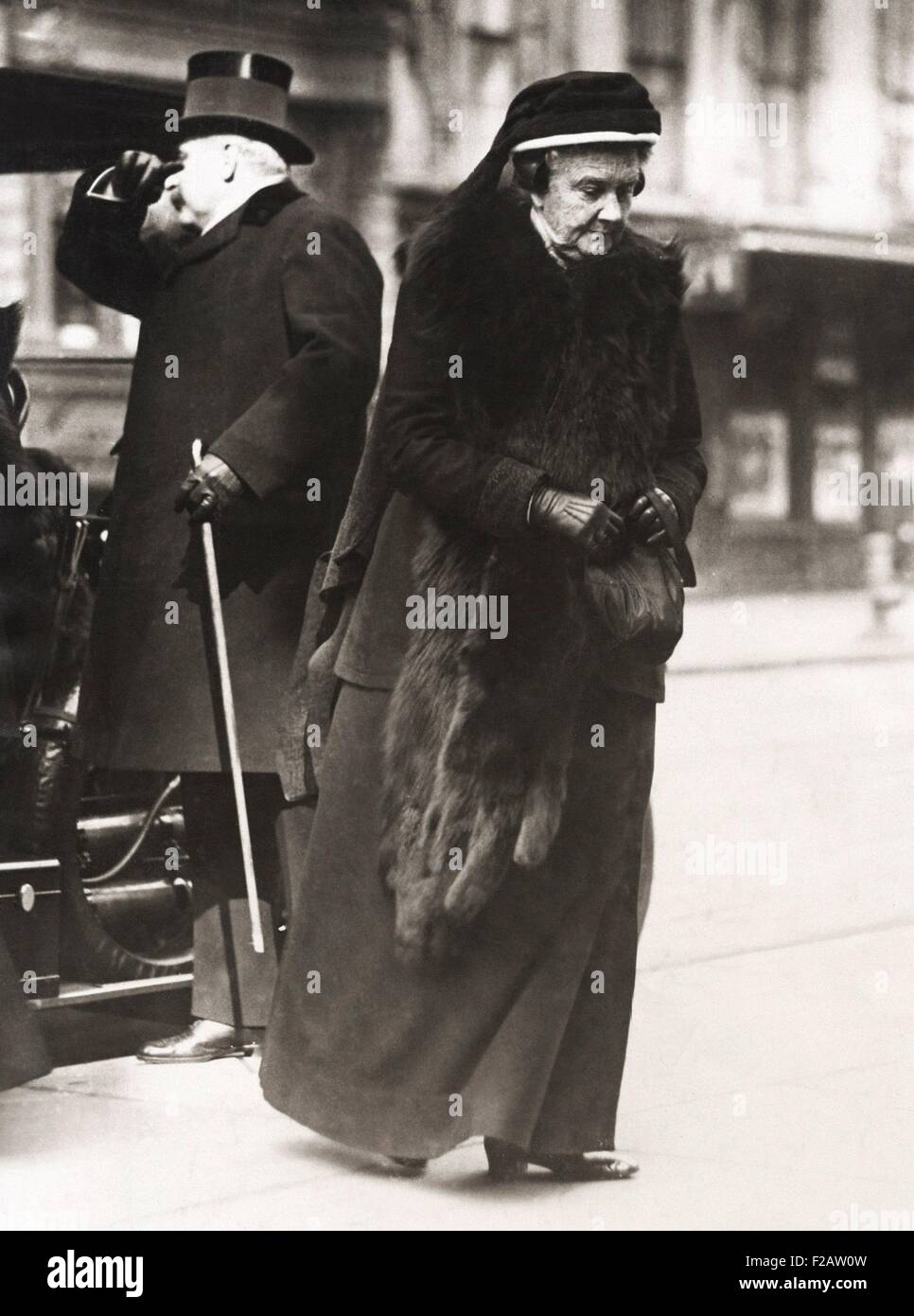 Frances Louisa Tracy Morgan, widow of J.P. Morgan Sr. attending the funeral of John L. Cadwalder. At left is her son, John Pierpont Morgan, Jr. March 14, 1914. John Lambert Cadwalader was a prominent lawyer who served on the boards of NYC most important cultural institutions, including the Metropolitan Museum and New York Public Library, (CSU 2015 11 1511) Stock Photo