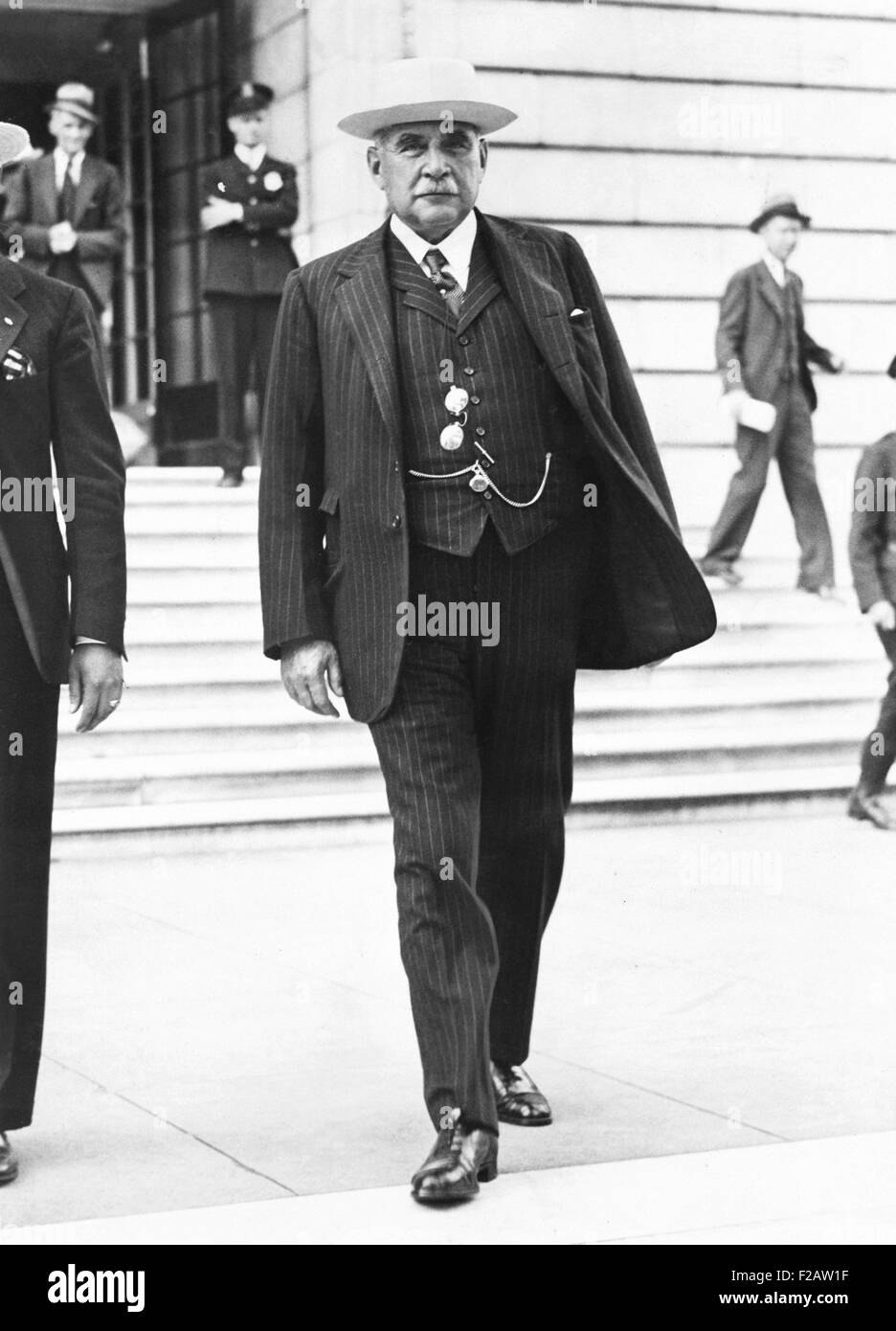 Financier J.P. Morgan Jr., after testifying before the Senate Banking and Currency Committee. May 23, 1933. The Committee was investigating the financial practices of stocks and securities business. Morgan told the committee that he had not paid any income taxes in the last two years. (CSU 2015 11 1497) Stock Photo