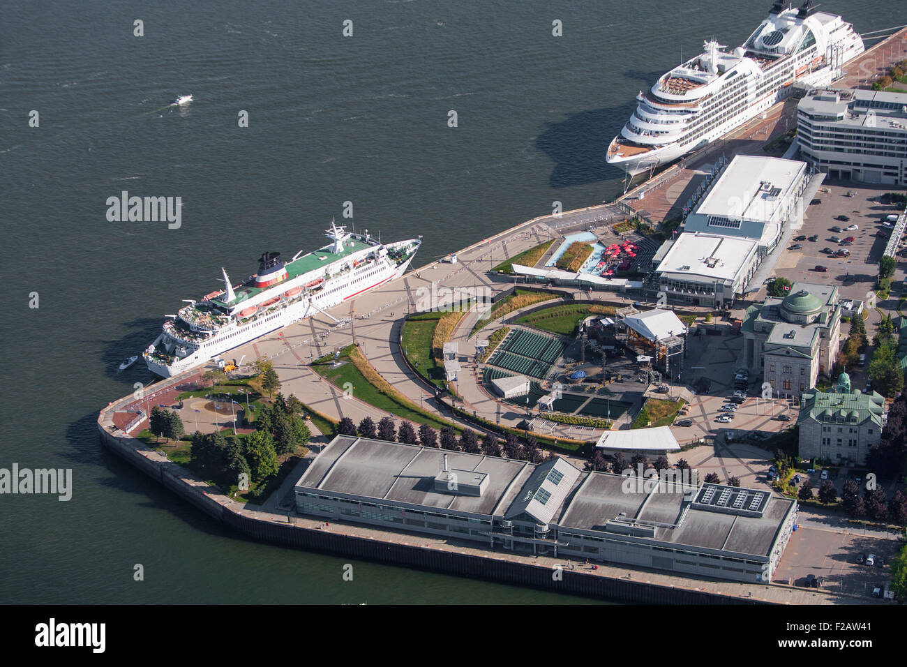 Cruise ships are seen docked in Port de Quebec in this aerial photo in