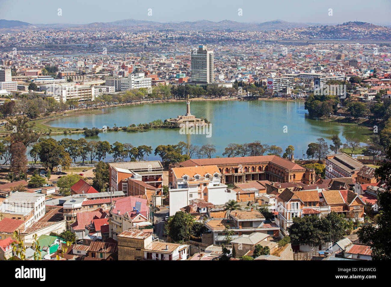 Aerial view over Lake Anosy with Monument aux Morts / Monument to the Dead in Central Antananarivo, capital city of Madagascar Stock Photo