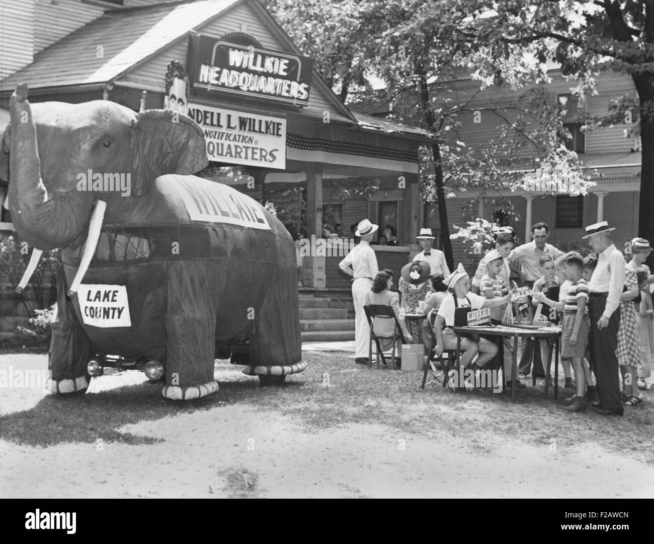 A large cloth elephant attacks shoppers to a souvenir stand at Elwood, Indiana, Aug. 15, 1940. They were preparing for Willkie's appearance to make his formal acceptance of the Republican President nomination. (CSU 2015 11 1403) Stock Photo