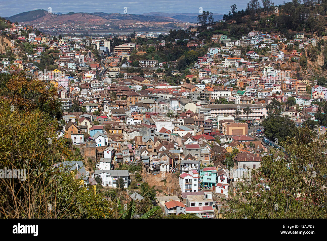 Aerial view over nineteenth-century trano gasy houses in the historic haute ville in Antananarivo, capital city of Madagascar Stock Photo