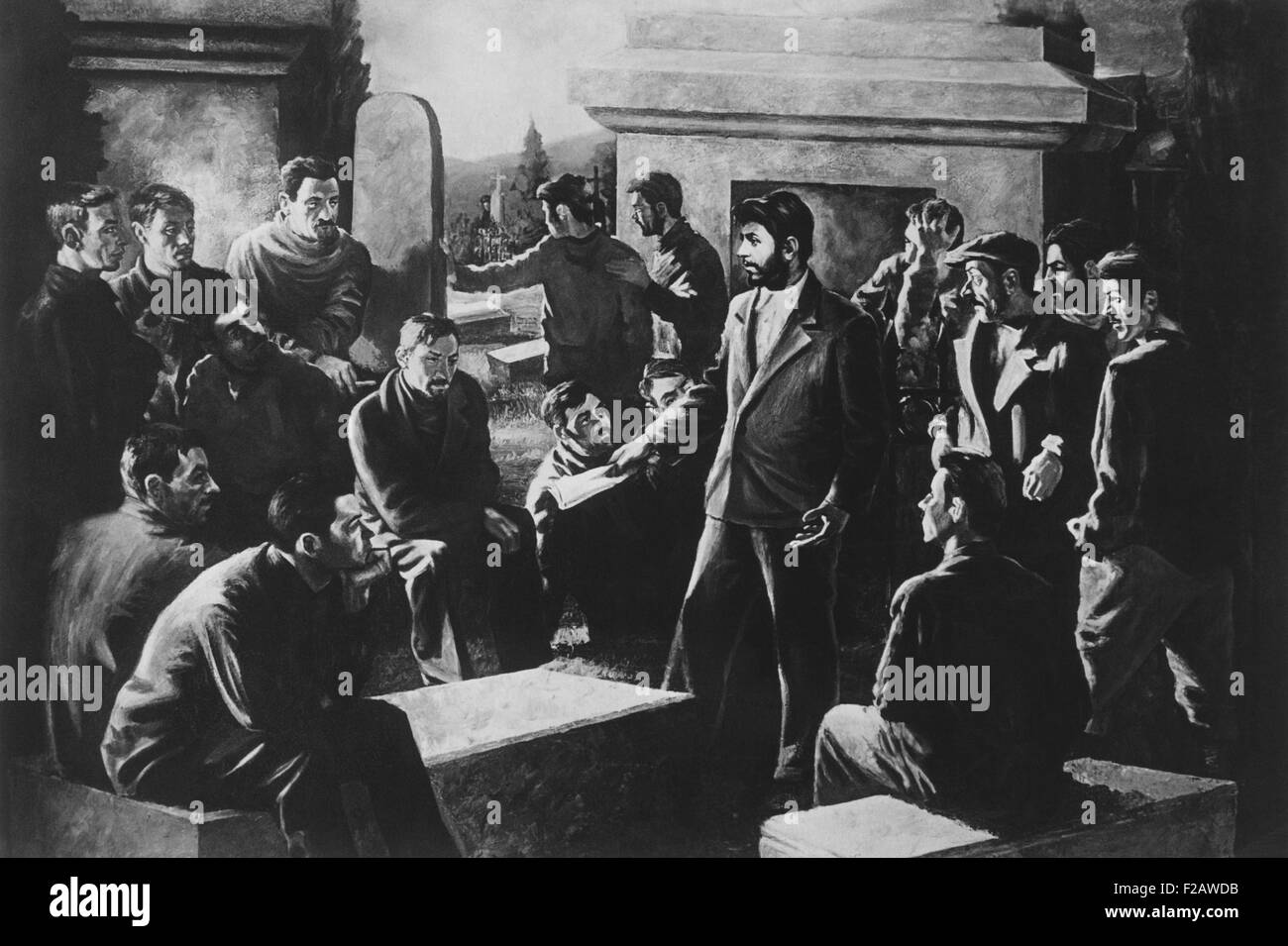 Illegal meeting of the Tiflis workers held, under Stalin's leadership, in the Khodjevanski Cemetery. Georgia, 1898. (CSU 2015 11 1388) Stock Photo