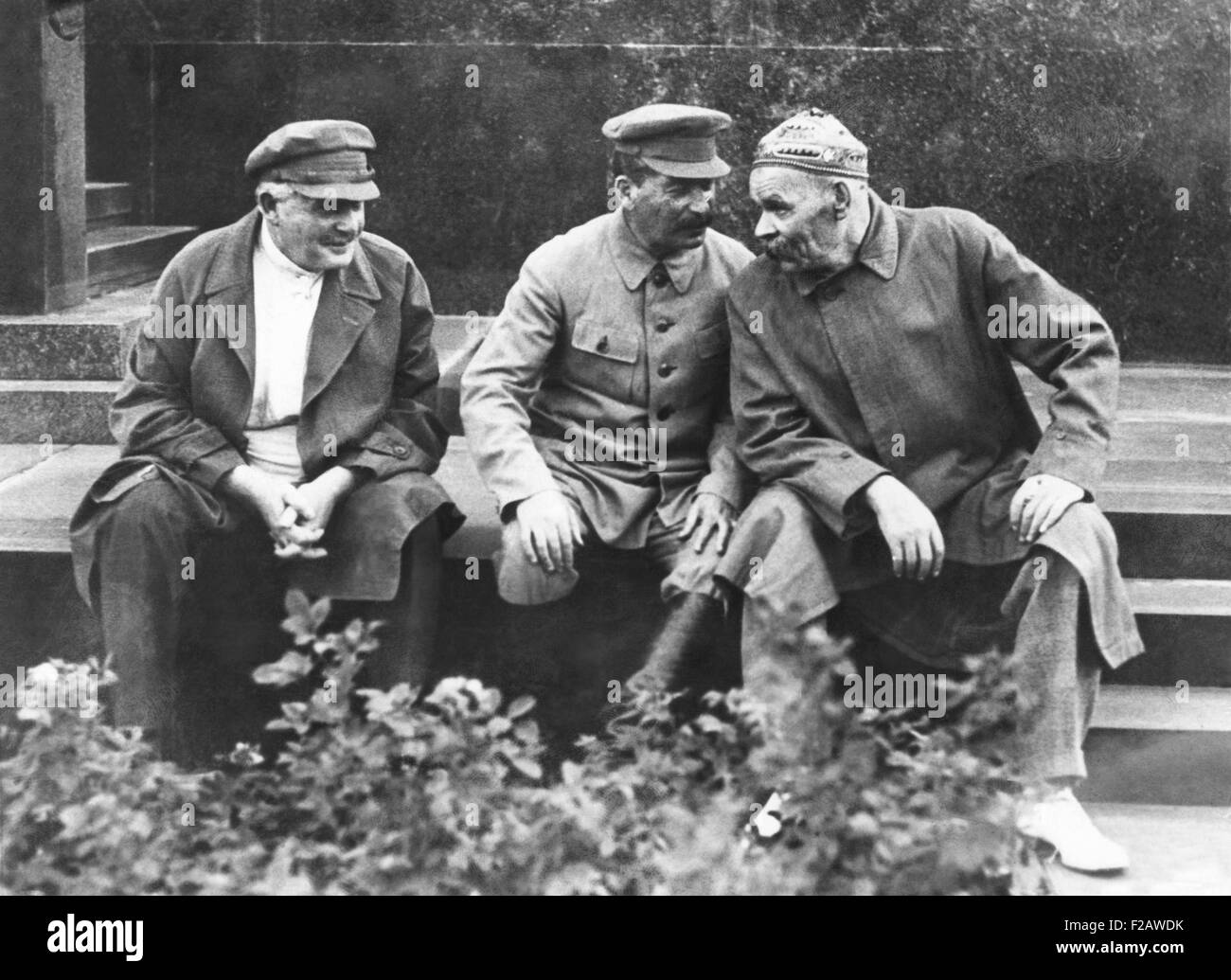Comrades A. S. Yenukidze, Josef Stalin, and Maxim Gorky on 10th Anniversary of the Red Sportintern. At Lenin's Tomb, Moscow, August 3, 1931. Later, Comrade A. S. Yenukidze, would be cropped out of this picture. In Great Purge of the 1930s Enukidze was expelled from the Party, arrested, tried, and shot for disloyalty to Stalin. (CSU 2015 11 1381) Stock Photo