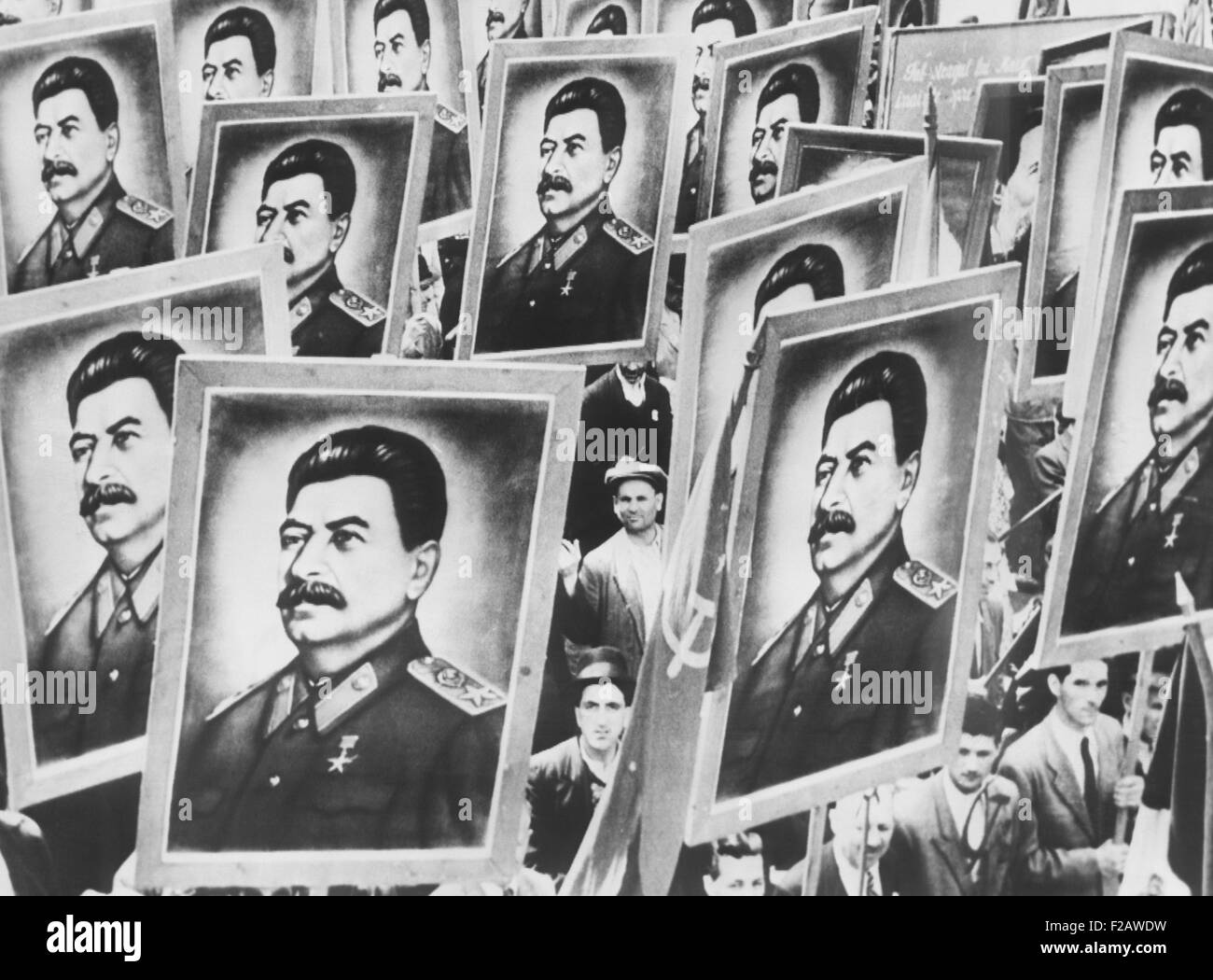 May Day parade in Bucharest, Romanian in 1952. Placards of identical portraits of Russian Soviet leader Stalin are carried by marchers. (CSU 2015 11 1377) Stock Photo