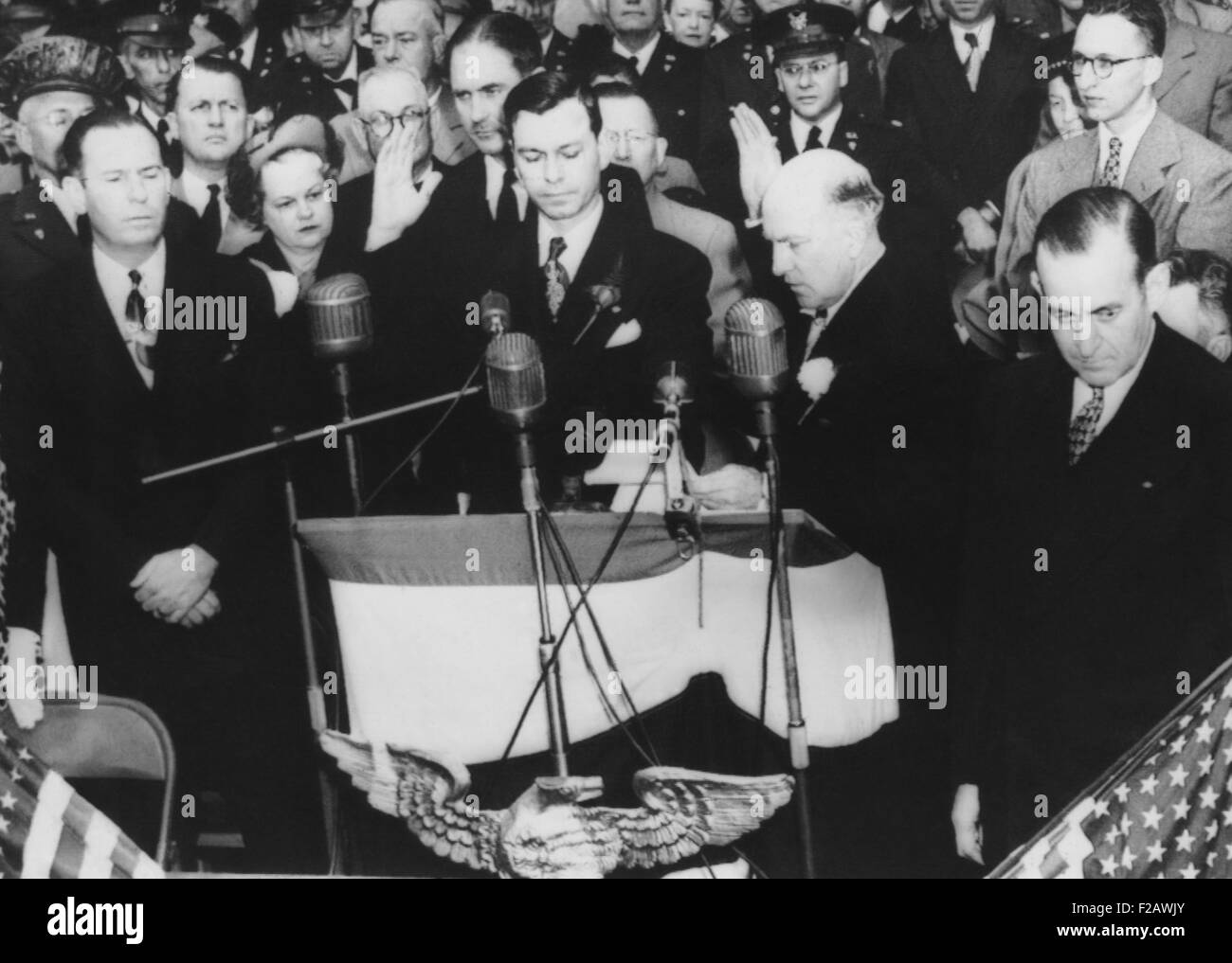 Herman Eugene Talmadge sworn in as Georgia Governor on Nov. 17, 1948. Former governor Melvin E. Thompson (right), was the Lt. Gov. elect when Gov. Elect Eugene Talmadge died. (CSU 2015 11 1340) Stock Photo