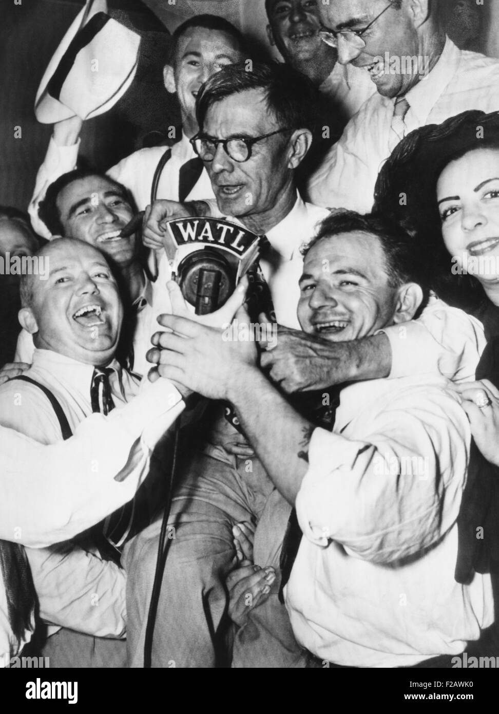 Eugene Talmadge, celebrating his victory in the democratic primary in Georgia. July 17, 1946. He promised to keep Blacks in their place in Jim Crow Georgia and was elected Governor in the Fall elections. But he died of natural causes on died on Dec. 21, 1946 before he started his 4th term as Georgia governor. By court ruling, the Lt. Gov. elect, Melvin E. Thompson was named governor. (CSU 2015 11 1339) Stock Photo