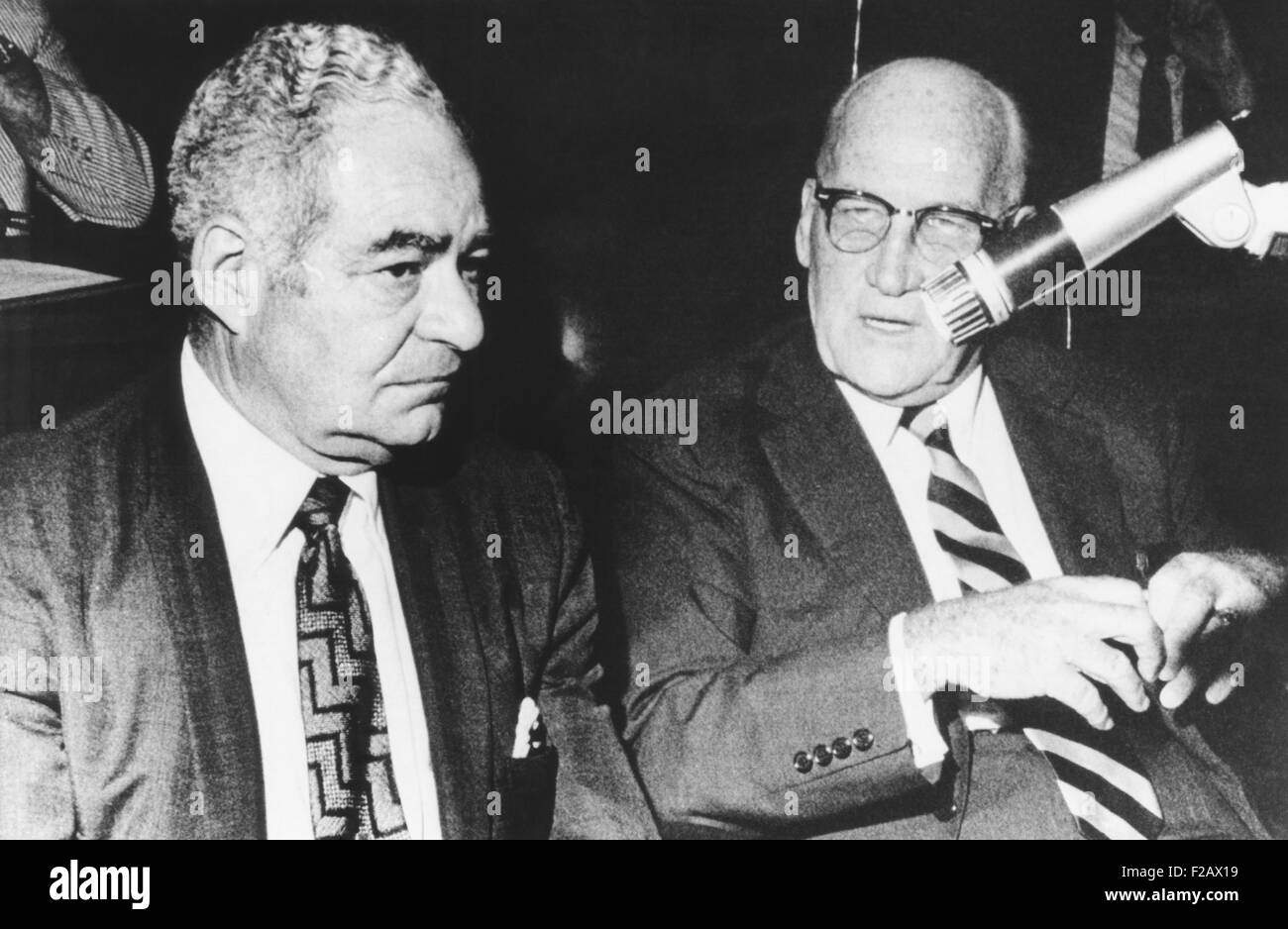 Sol Adoff (left) speaks with his lawyer John Toolan during testimony. June 24, 1970. Sol Adoff was under investigation for labor racketeering by the New Jersey State Commission on Organized Crime. (CSU 2015 11 1174) Stock Photo