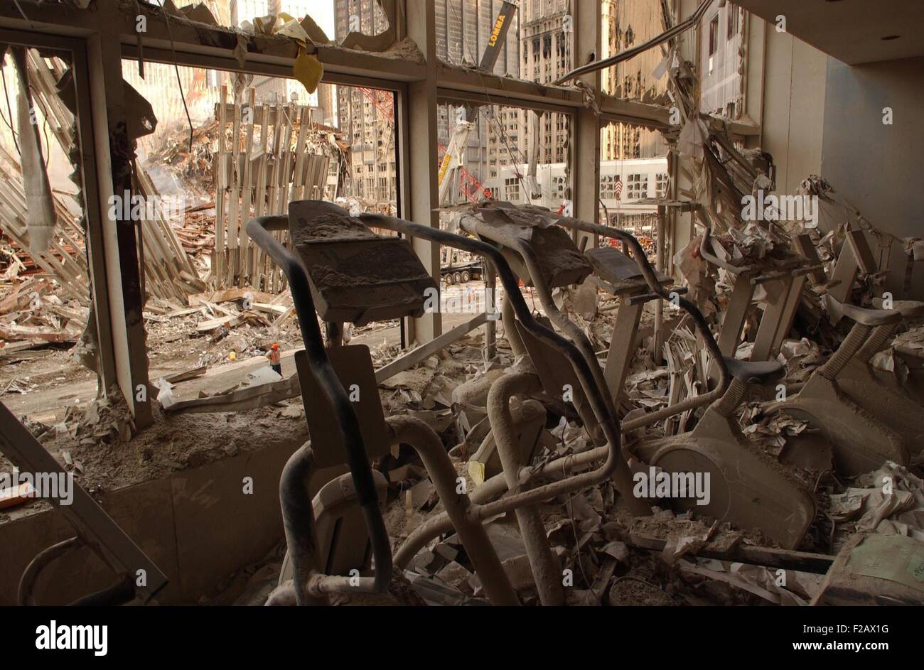 A health club in World Financial Center 2 after the 9-11 attacks, Sept. 18, 2001. It was across the West Side Highway from WTC 1, the North Tower. World Trade Center, New York City, after September 11, 2001 terrorist attacks. (BSLOC 2015 2 98) Stock Photo