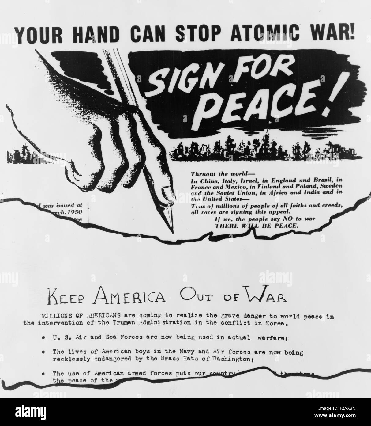 Anti-war leaflet and petition distributed in Cleveland by American Communists in 1950. (BSLOC 2015 2 35) Stock Photo