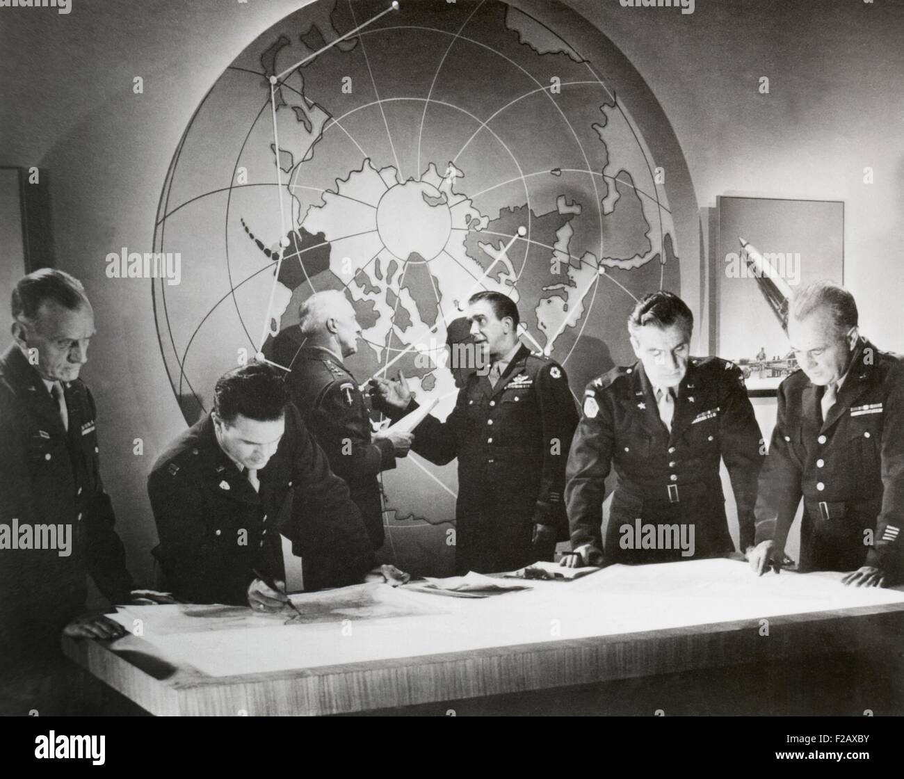 Movie still from a U.S. Army film about a hypothetical attack using an atomic bomb, Nov. 1948. Scene of Army generals in a nuclear war room. (BSLOC 2015 2 32) Stock Photo