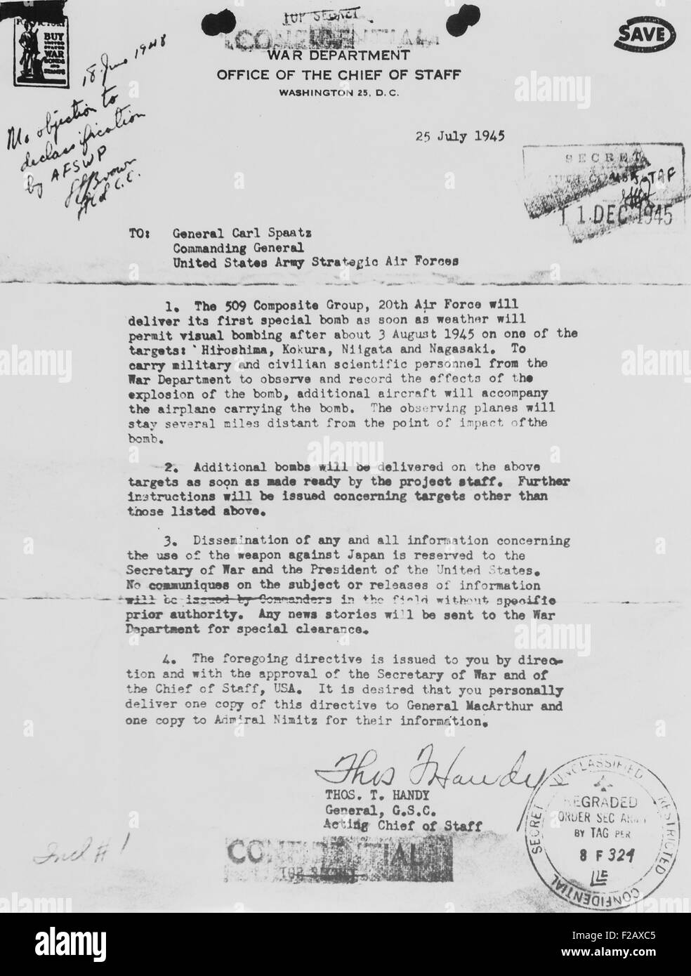 World War 2 letter received from General Thomas Handy to General Carl Spaatz authorizing the dropping of the first atomic bomb. Stock Photo